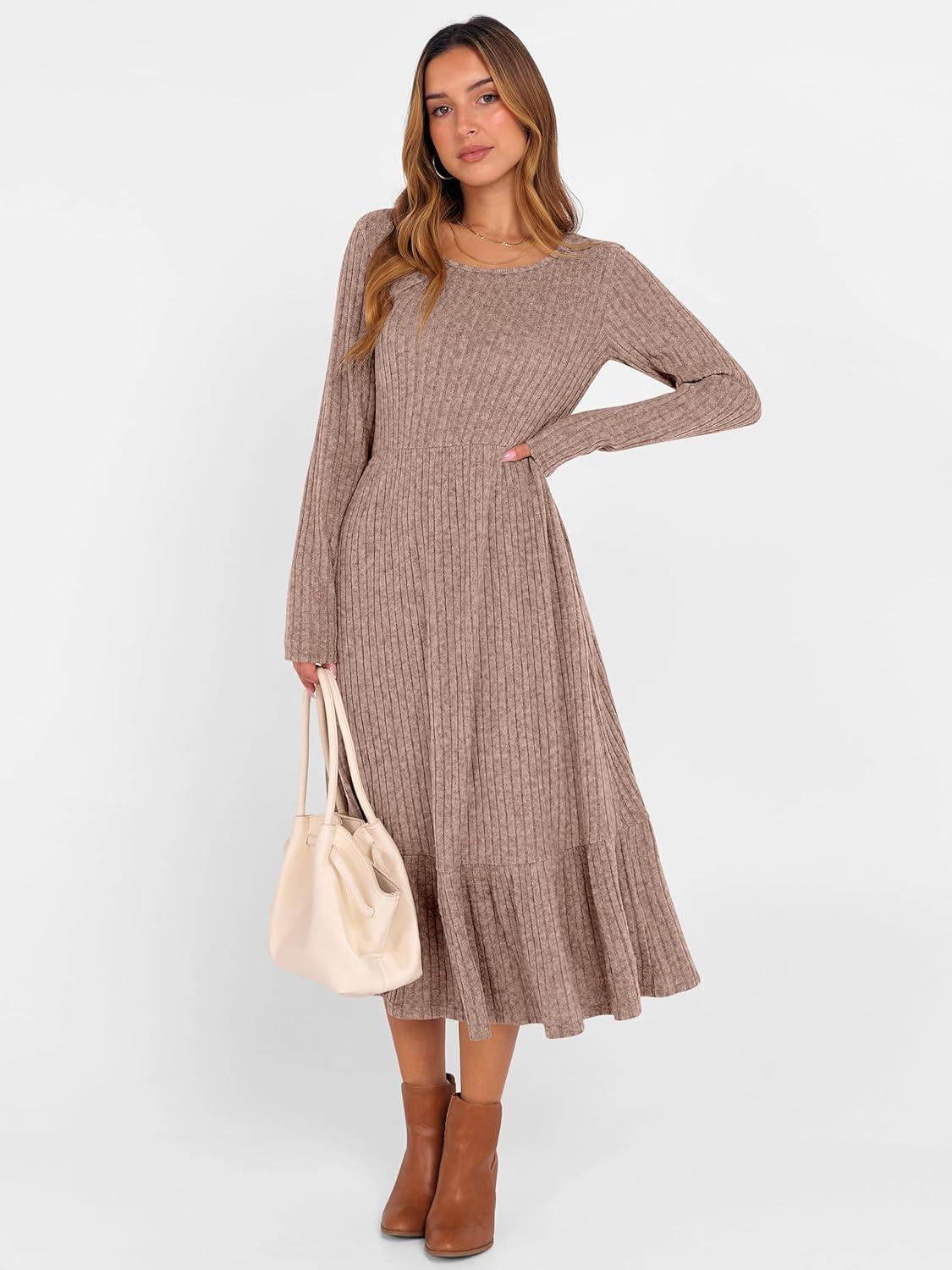 imageANRABESS Womens Long Sleeve Midi Dress 2025 Fall Rib Knit Crew Neck A Line Soft Flowy Swing Dresses with Pocket Casual TrendyTan