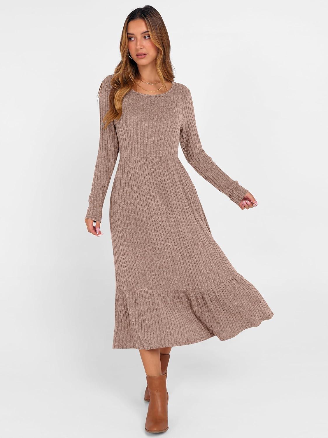 imageANRABESS Womens Long Sleeve Midi Dress 2025 Fall Rib Knit Crew Neck A Line Soft Flowy Swing Dresses with Pocket Casual TrendyTan