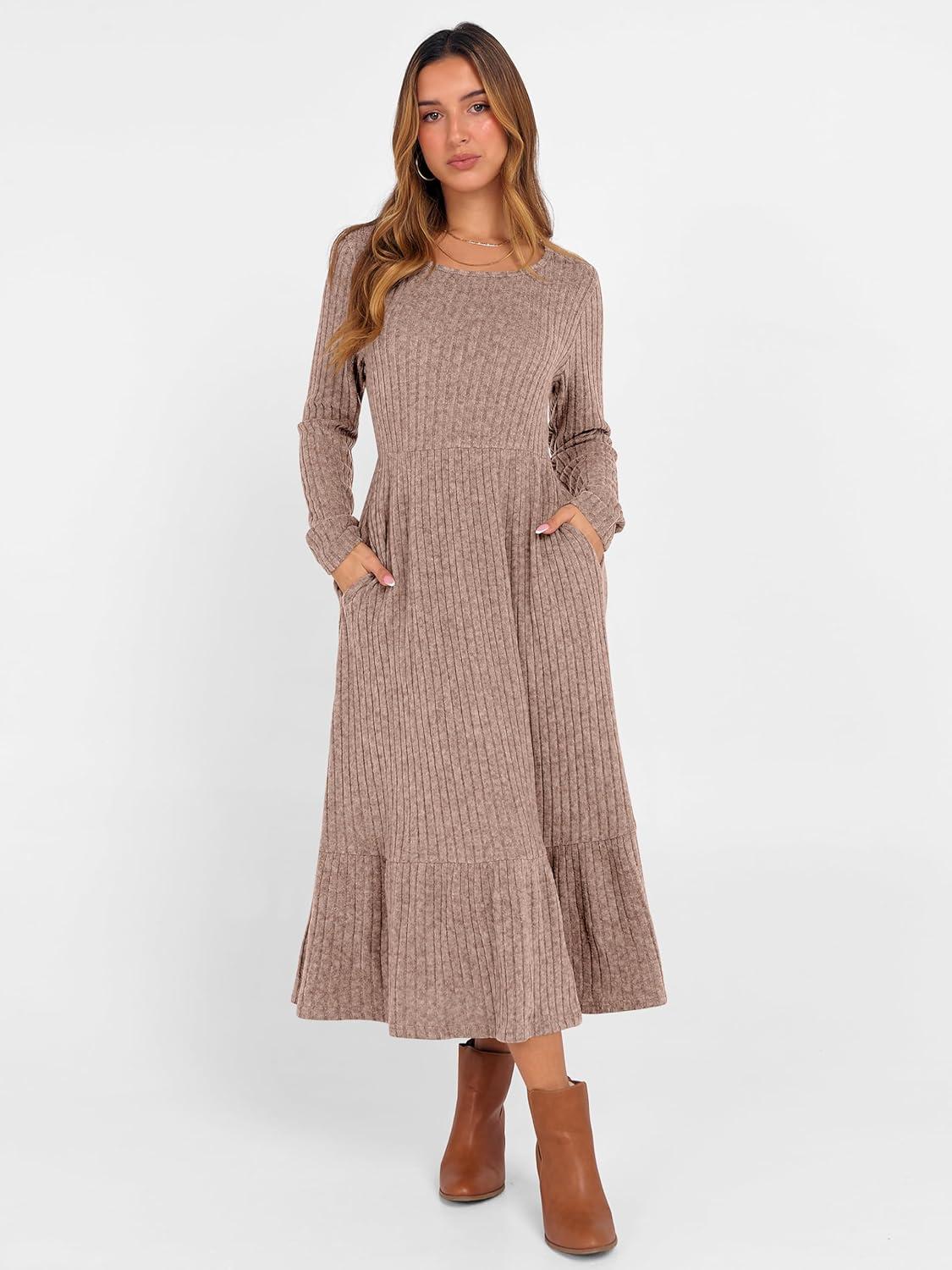 imageANRABESS Womens Long Sleeve Midi Dress 2025 Fall Rib Knit Crew Neck A Line Soft Flowy Swing Dresses with Pocket Casual TrendyTan