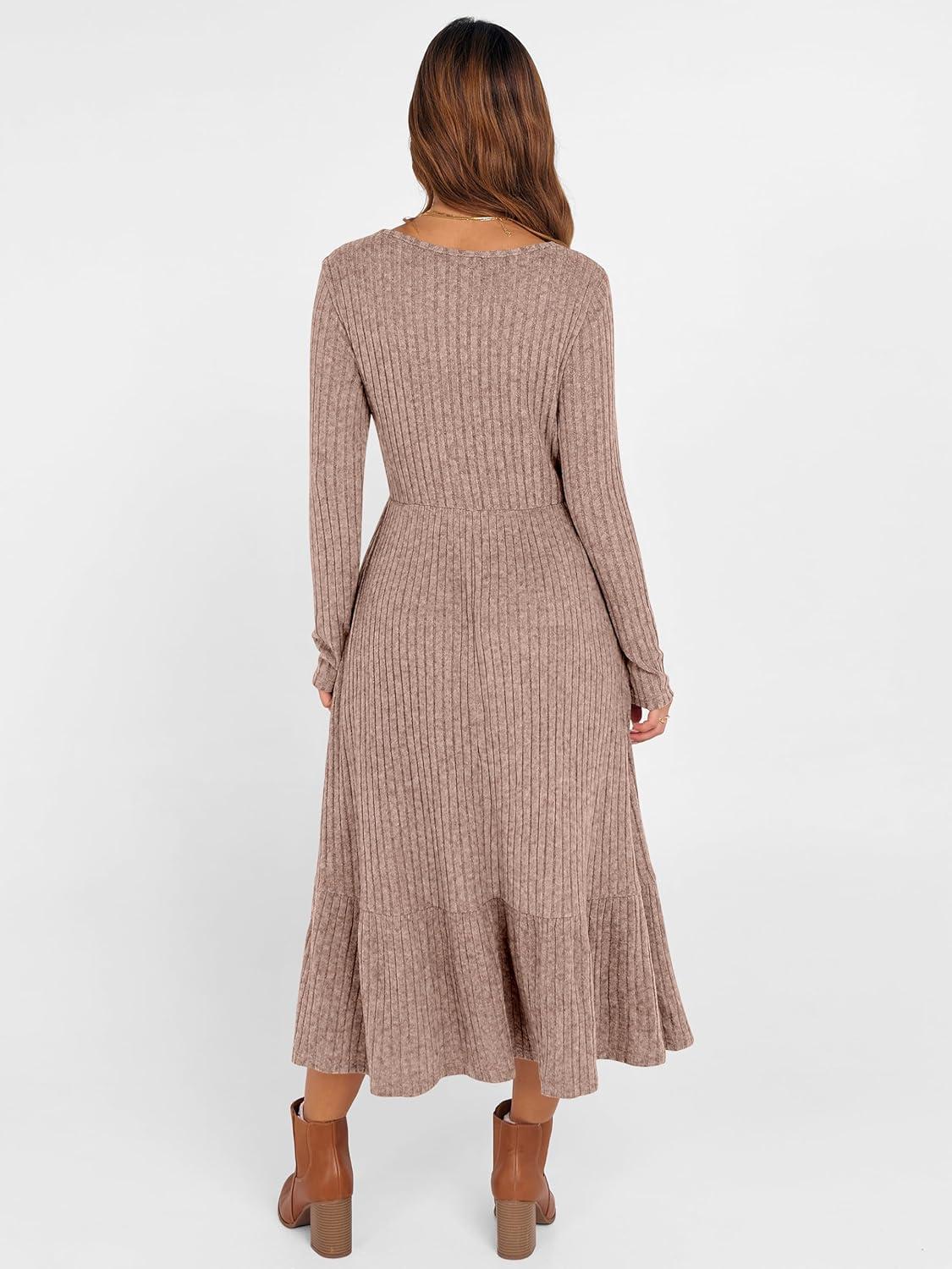 imageANRABESS Womens Long Sleeve Midi Dress 2025 Fall Rib Knit Crew Neck A Line Soft Flowy Swing Dresses with Pocket Casual TrendyTan