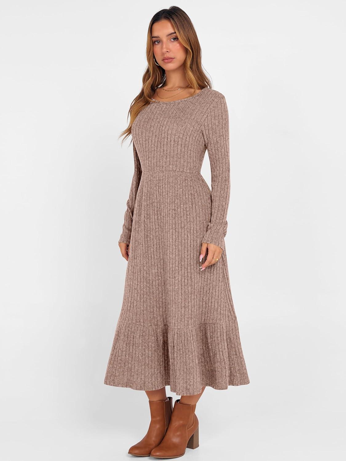 imageANRABESS Womens Long Sleeve Midi Dress 2025 Fall Rib Knit Crew Neck A Line Soft Flowy Swing Dresses with Pocket Casual TrendyTan