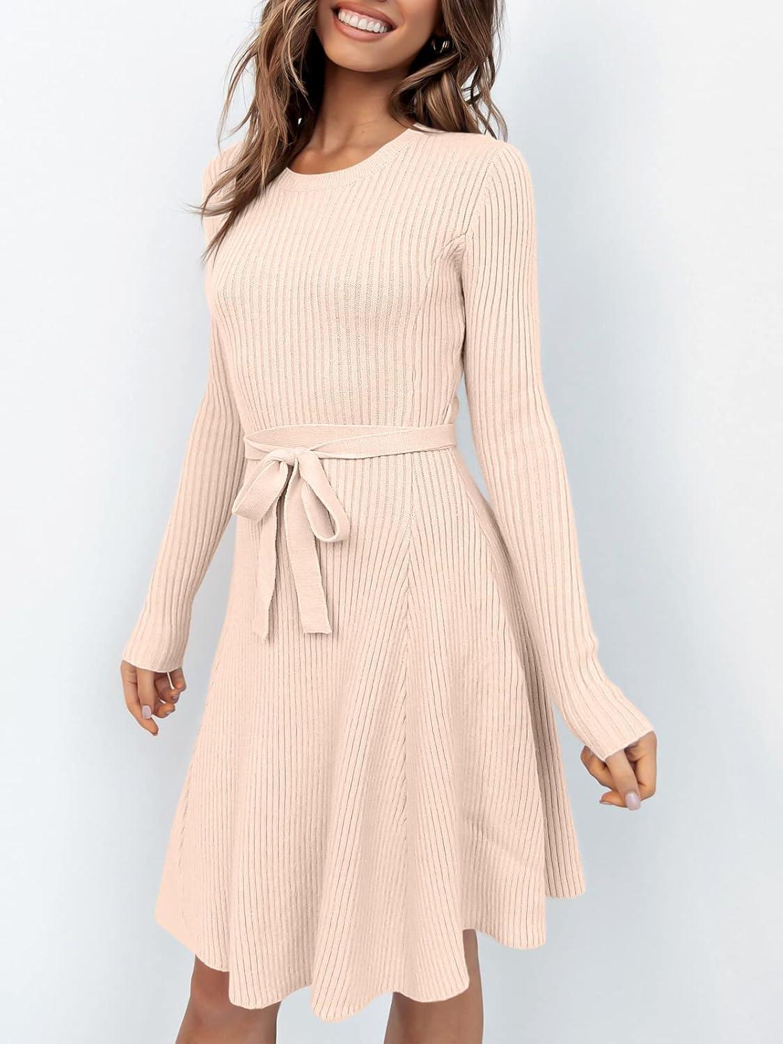 imageANRABESS Womens Long Sleeve Midi Dress Crewneck Tie Waist ALine Swing Casual Bodycon Ribbed Knit 2025 Fall Sweater DressPink