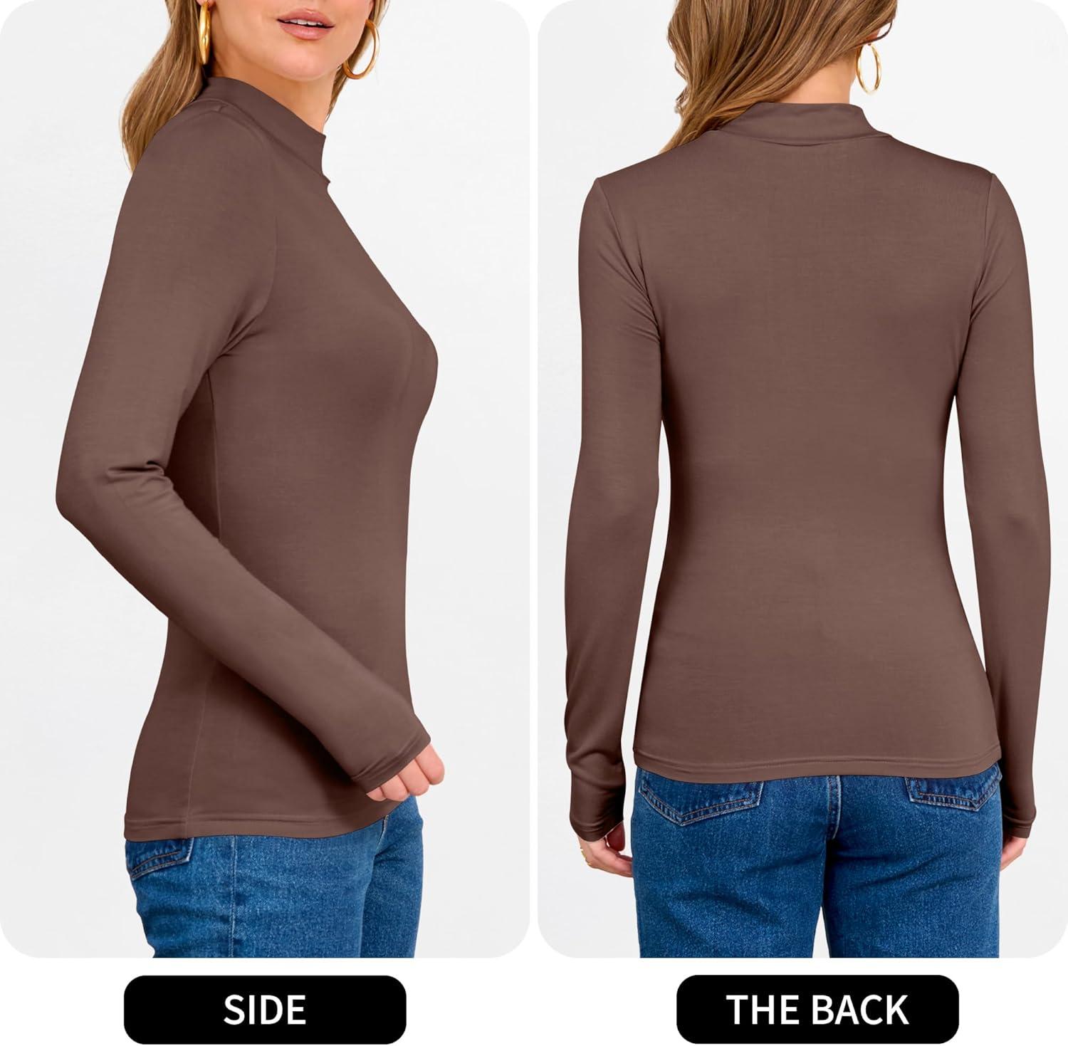 imageANRABESS Womens Long Sleeve Mock Neck Tops Slim Fitted Basic Layer Office Work Shirts 2025 Fall Outfits Y2K ClothesRed Coffee