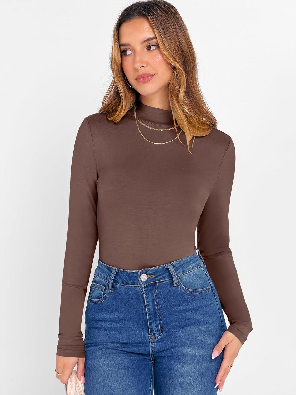 imageANRABESS Womens Long Sleeve Mock Neck Tops Slim Fitted Basic Layer Office Work Shirts 2025 Fall Outfits Y2K ClothesRed Coffee