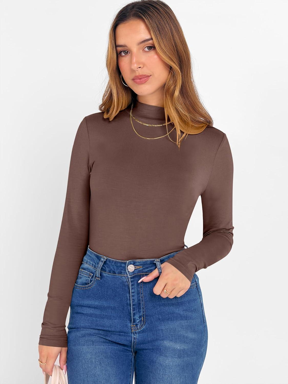 imageANRABESS Womens Long Sleeve Mock Neck Tops Slim Fitted Basic Layer Office Work Shirts 2025 Fall Outfits Y2K ClothesRed Coffee