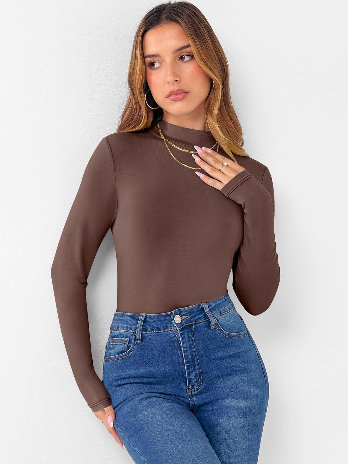 imageANRABESS Womens Long Sleeve Mock Neck Tops Slim Fitted Basic Layer Office Work Shirts 2025 Fall Outfits Y2K ClothesRed Coffee