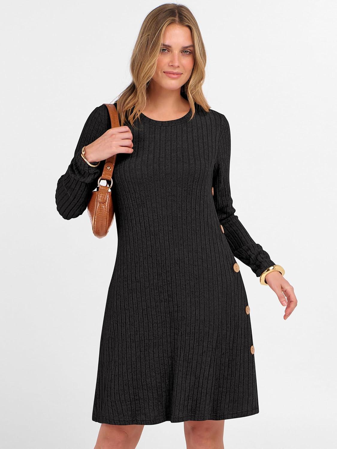 imageANRABESS Womens Long Sleeve Ribbed Knit Sweater Dresses 2025 Fall Winter Casual Lounge Short Tunic Dress with Pockets ButtonsBlack