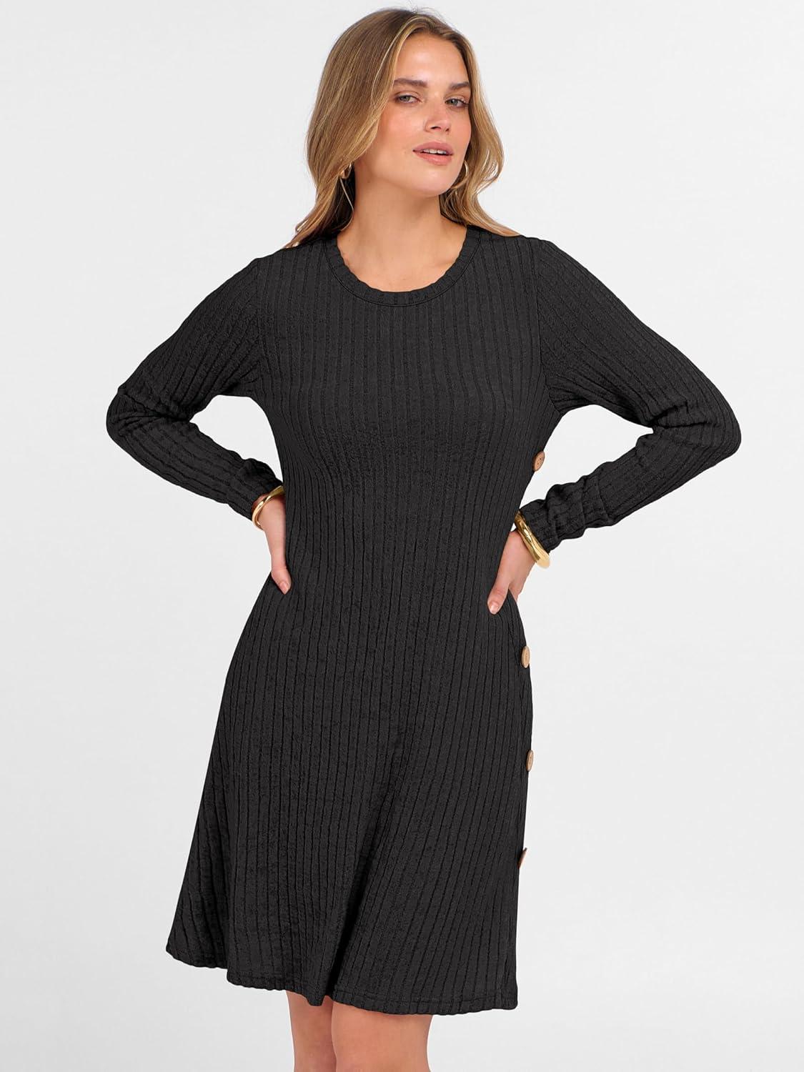 imageANRABESS Womens Long Sleeve Ribbed Knit Sweater Dresses 2025 Fall Winter Casual Lounge Short Tunic Dress with Pockets ButtonsBlack