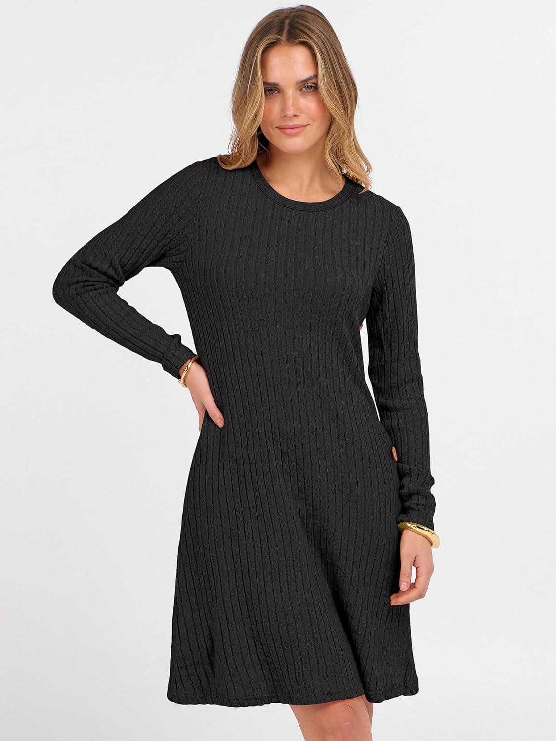 imageANRABESS Womens Long Sleeve Ribbed Knit Sweater Dresses 2025 Fall Winter Casual Lounge Short Tunic Dress with Pockets ButtonsBlack
