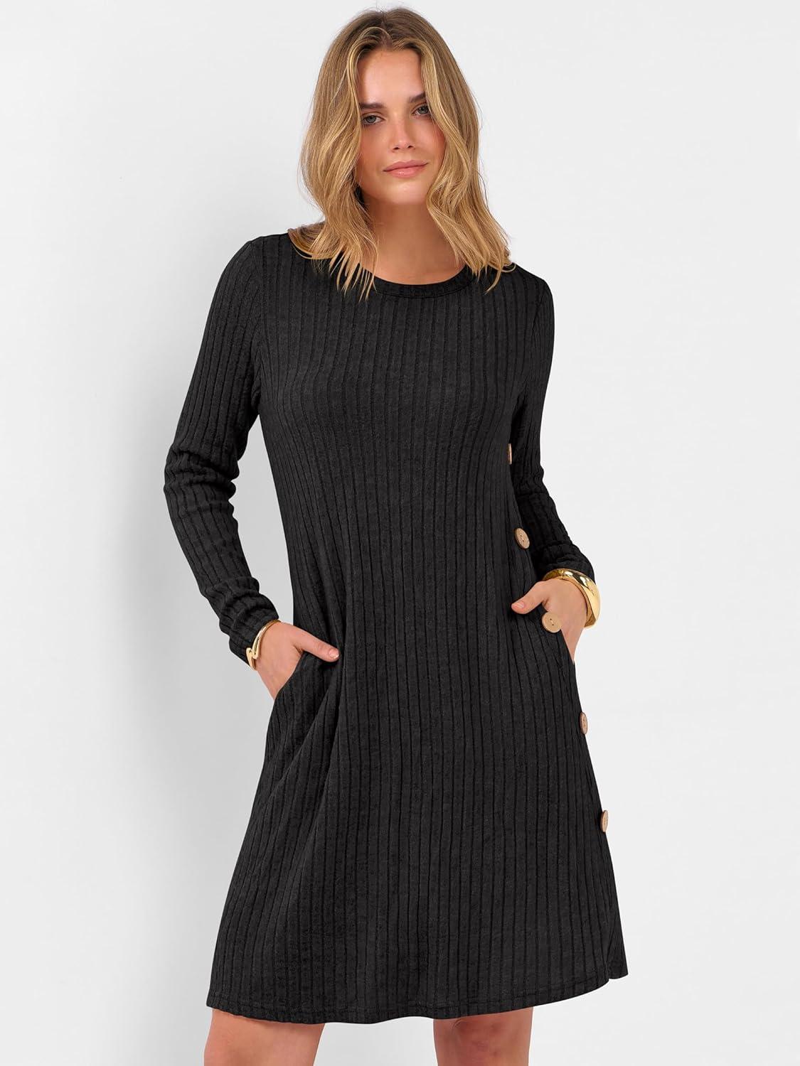 imageANRABESS Womens Long Sleeve Ribbed Knit Sweater Dresses 2025 Fall Winter Casual Lounge Short Tunic Dress with Pockets ButtonsBlack