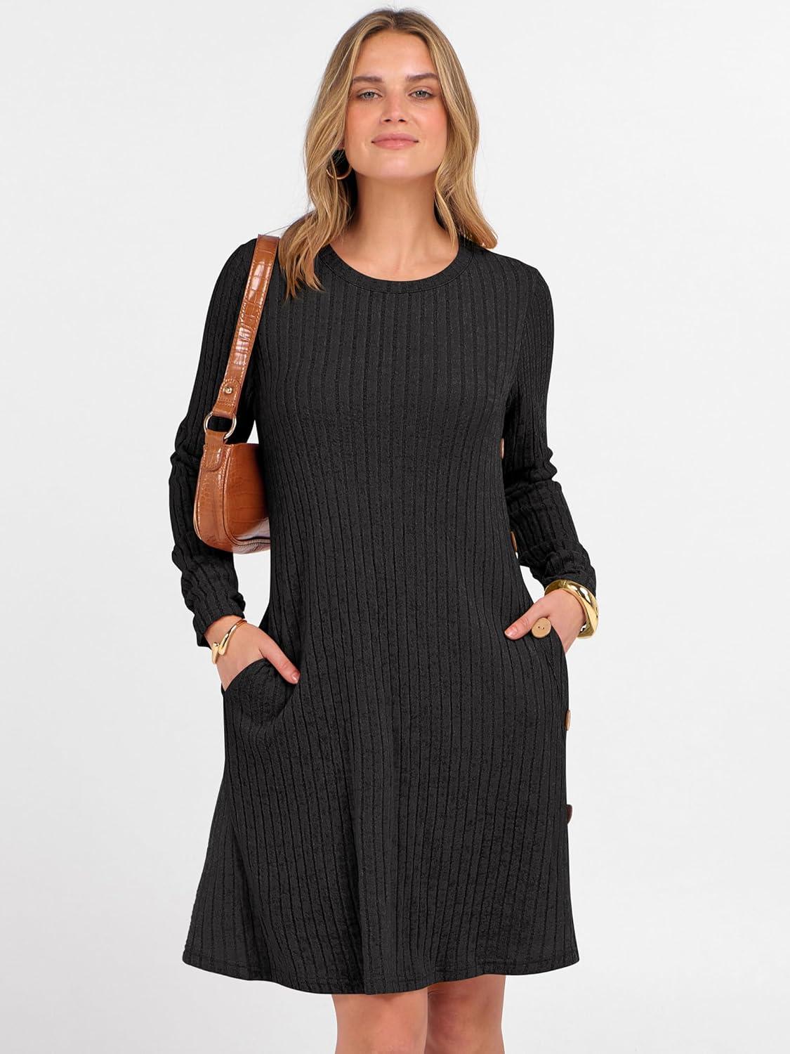 imageANRABESS Womens Long Sleeve Ribbed Knit Sweater Dresses 2025 Fall Winter Casual Lounge Short Tunic Dress with Pockets ButtonsBlack
