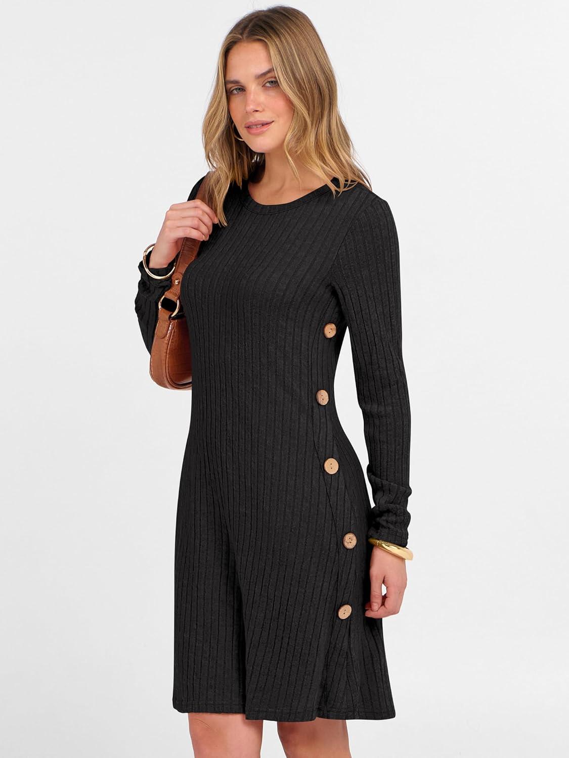 imageANRABESS Womens Long Sleeve Ribbed Knit Sweater Dresses 2025 Fall Winter Casual Lounge Short Tunic Dress with Pockets ButtonsBlack