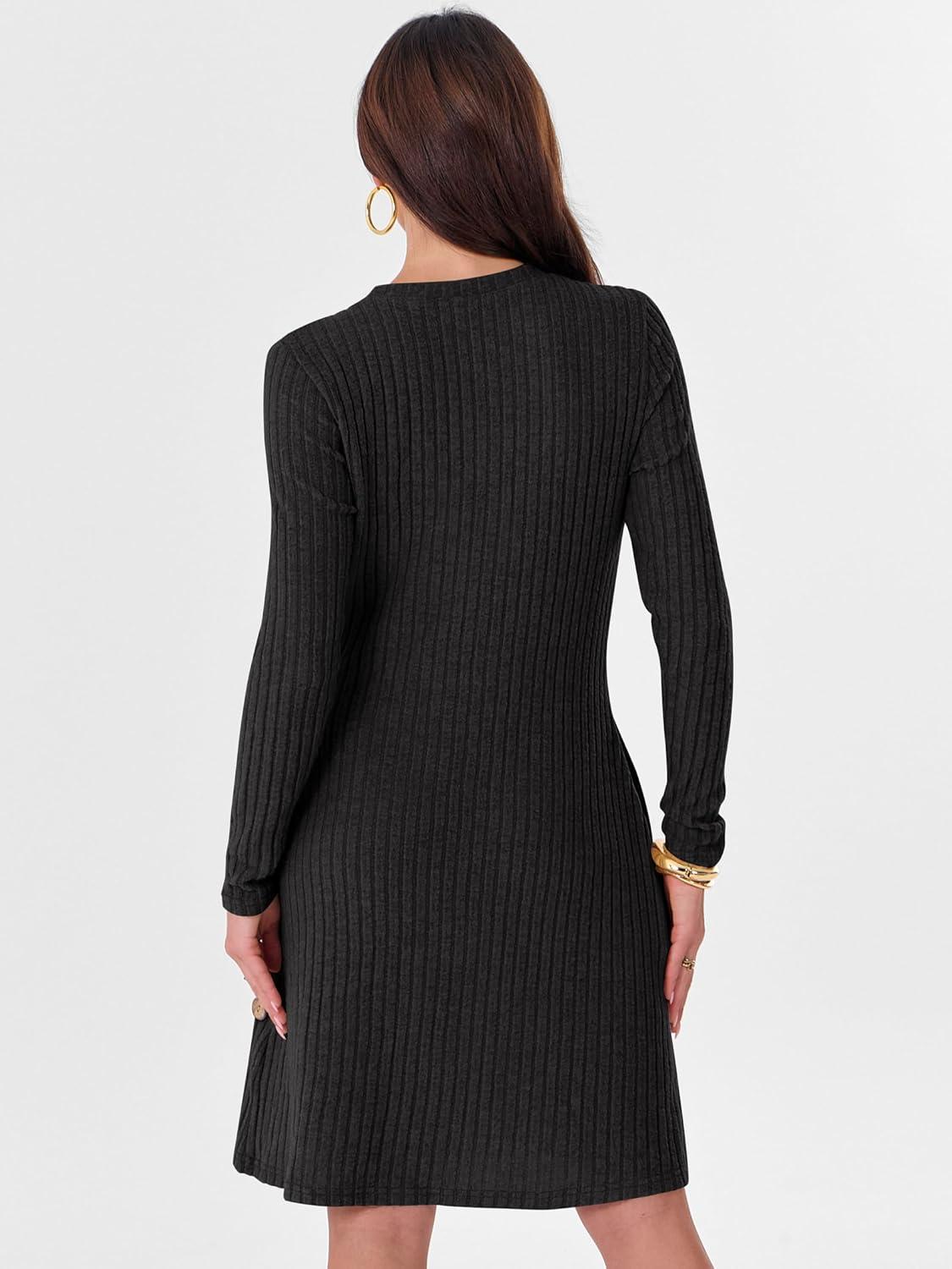 imageANRABESS Womens Long Sleeve Ribbed Knit Sweater Dresses 2025 Fall Winter Casual Lounge Short Tunic Dress with Pockets ButtonsBlack