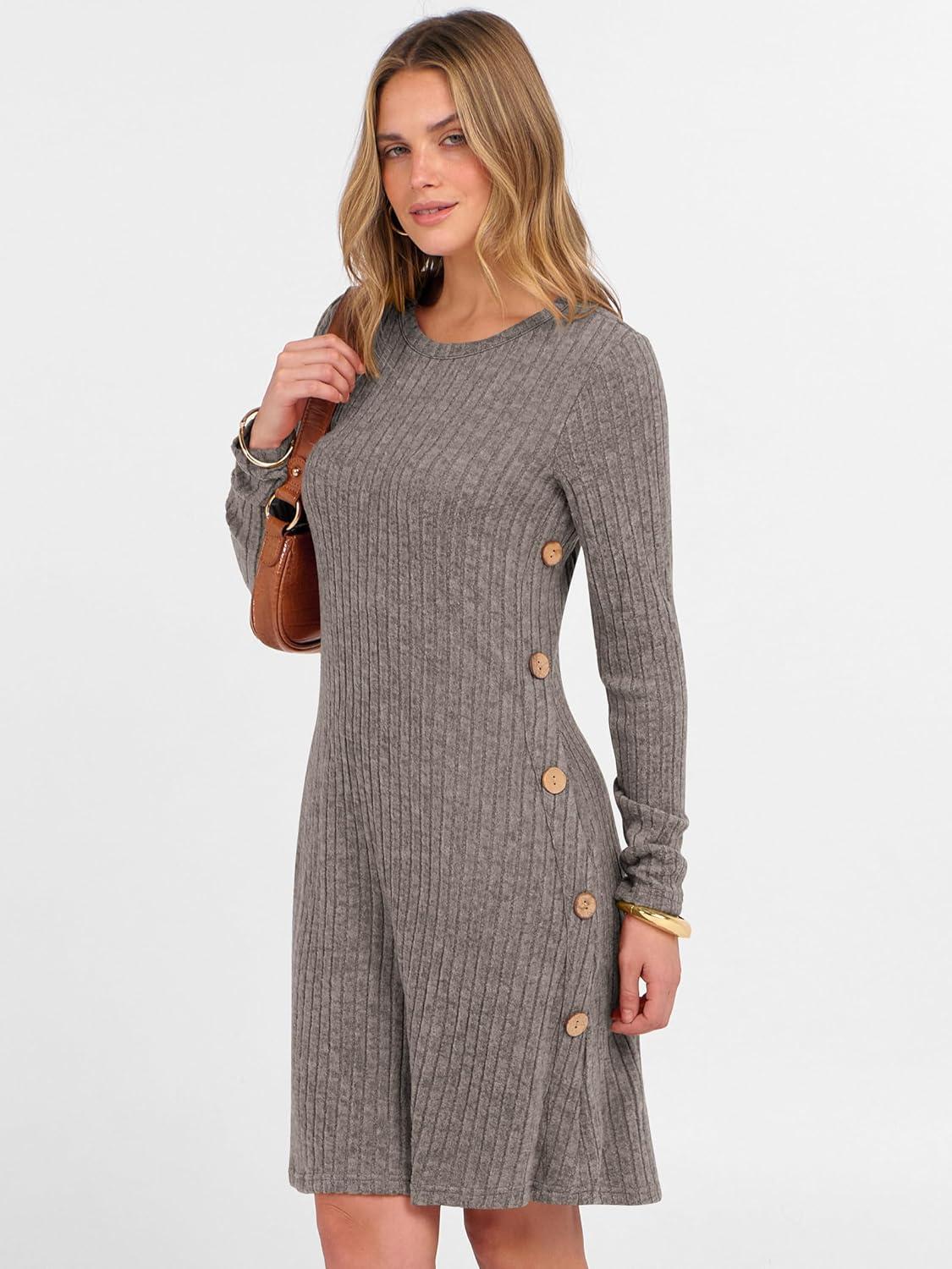 imageANRABESS Womens Long Sleeve Ribbed Knit Sweater Dresses 2025 Fall Winter Casual Lounge Short Tunic Dress with Pockets ButtonsDeep Coffee