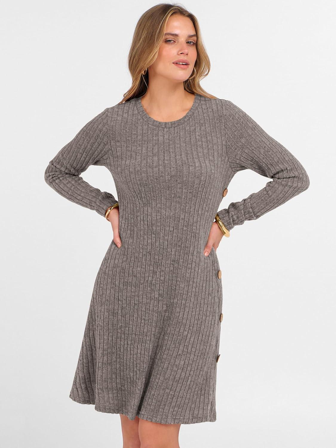 imageANRABESS Womens Long Sleeve Ribbed Knit Sweater Dresses 2025 Fall Winter Casual Lounge Short Tunic Dress with Pockets ButtonsDeep Coffee