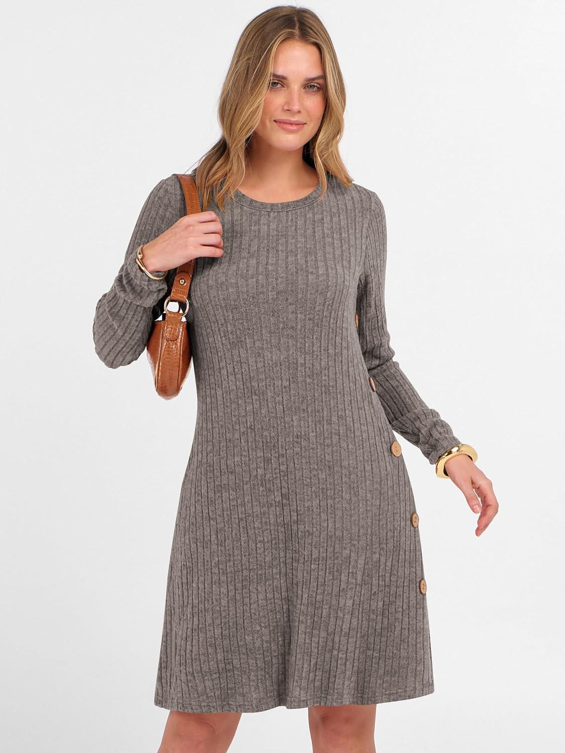 imageANRABESS Womens Long Sleeve Ribbed Knit Sweater Dresses 2025 Fall Winter Casual Lounge Short Tunic Dress with Pockets ButtonsDeep Coffee