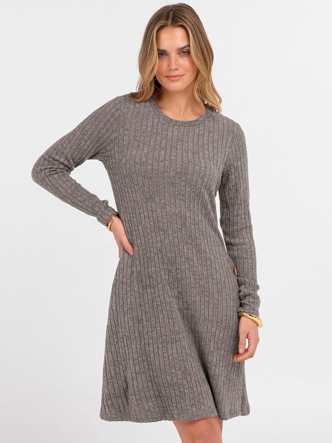 imageANRABESS Womens Long Sleeve Ribbed Knit Sweater Dresses 2025 Fall Winter Casual Lounge Short Tunic Dress with Pockets ButtonsDeep Coffee