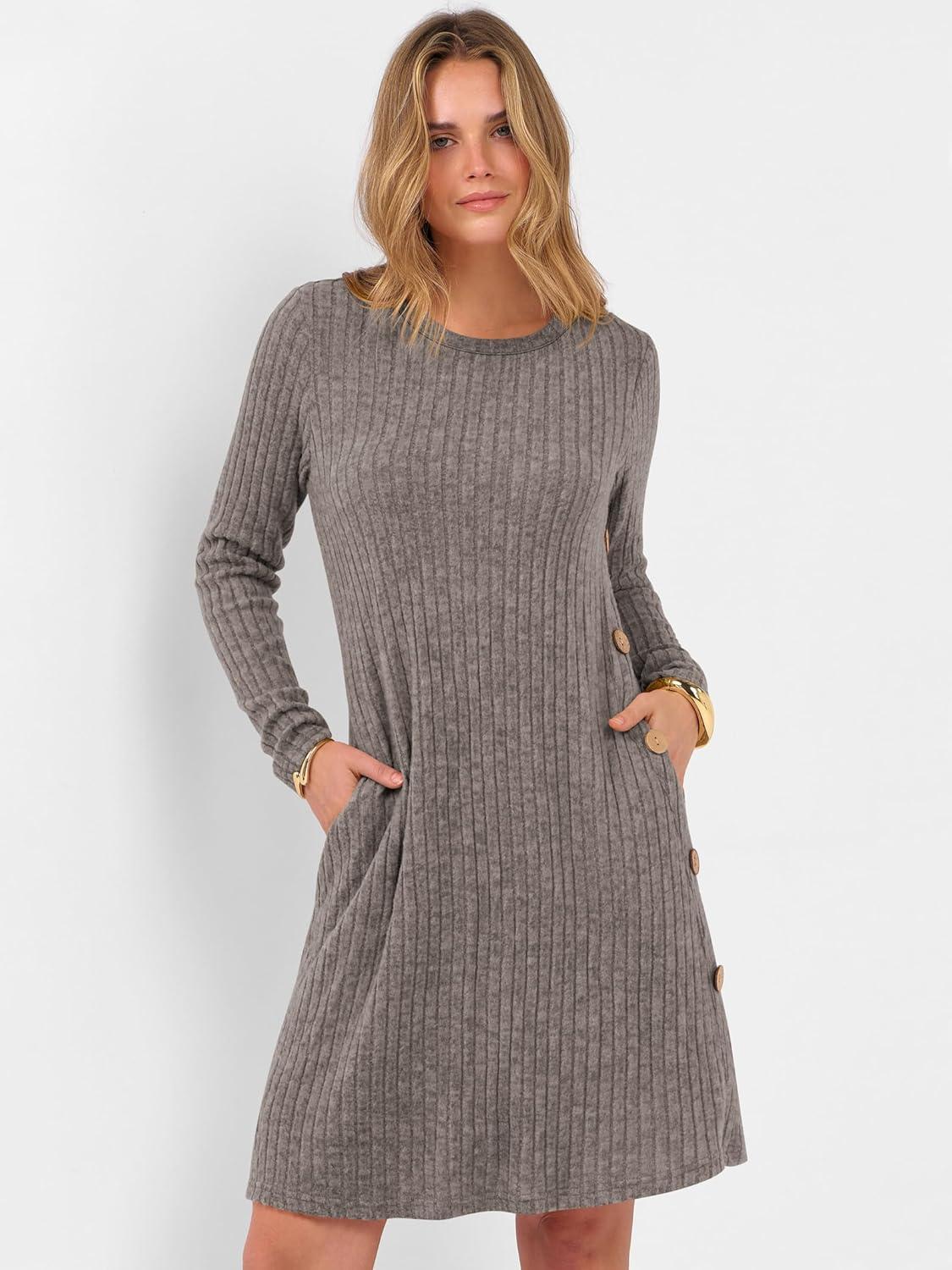 imageANRABESS Womens Long Sleeve Ribbed Knit Sweater Dresses 2025 Fall Winter Casual Lounge Short Tunic Dress with Pockets ButtonsDeep Coffee