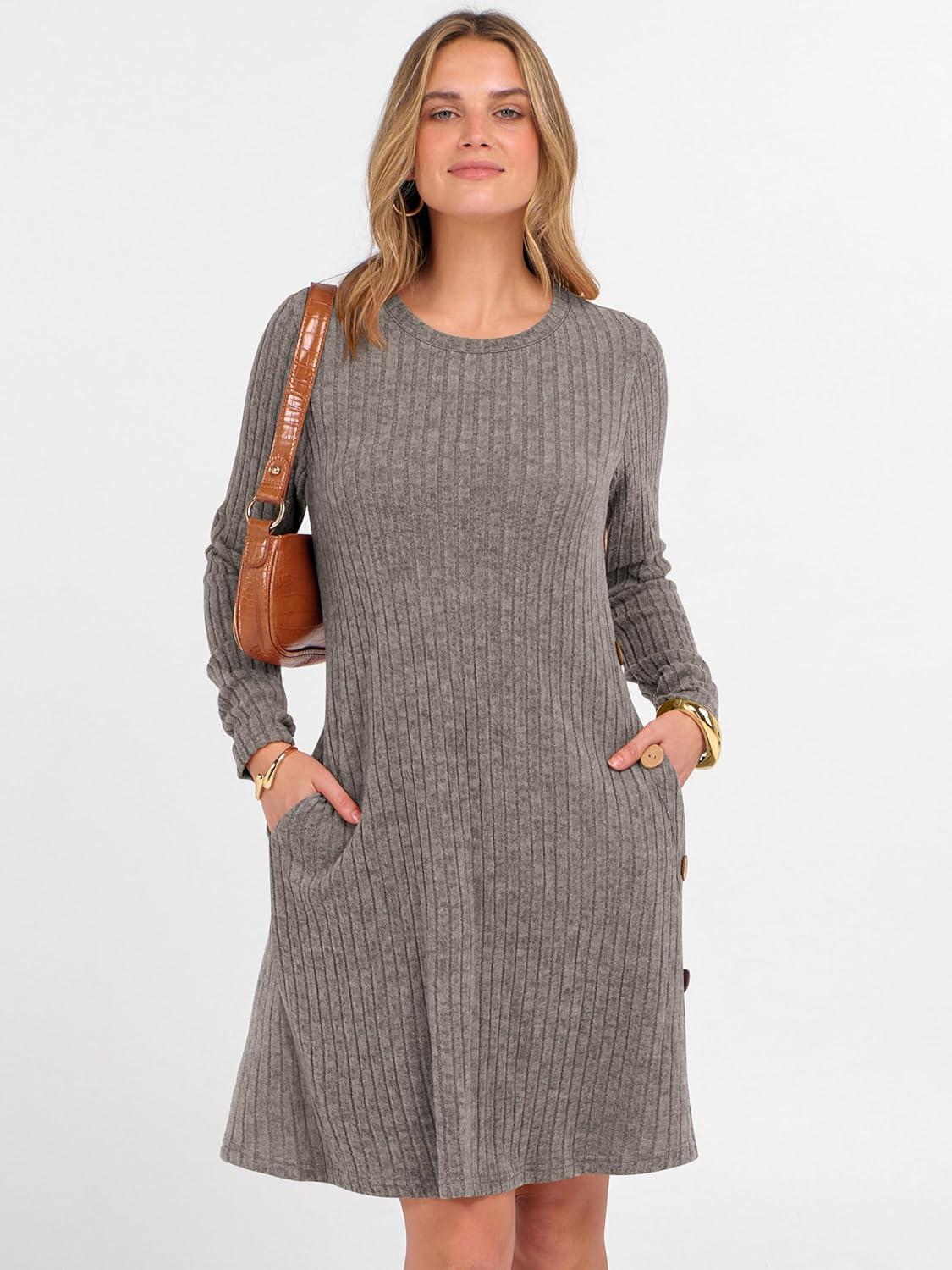 imageANRABESS Womens Long Sleeve Ribbed Knit Sweater Dresses 2025 Fall Winter Casual Lounge Short Tunic Dress with Pockets ButtonsDeep Coffee