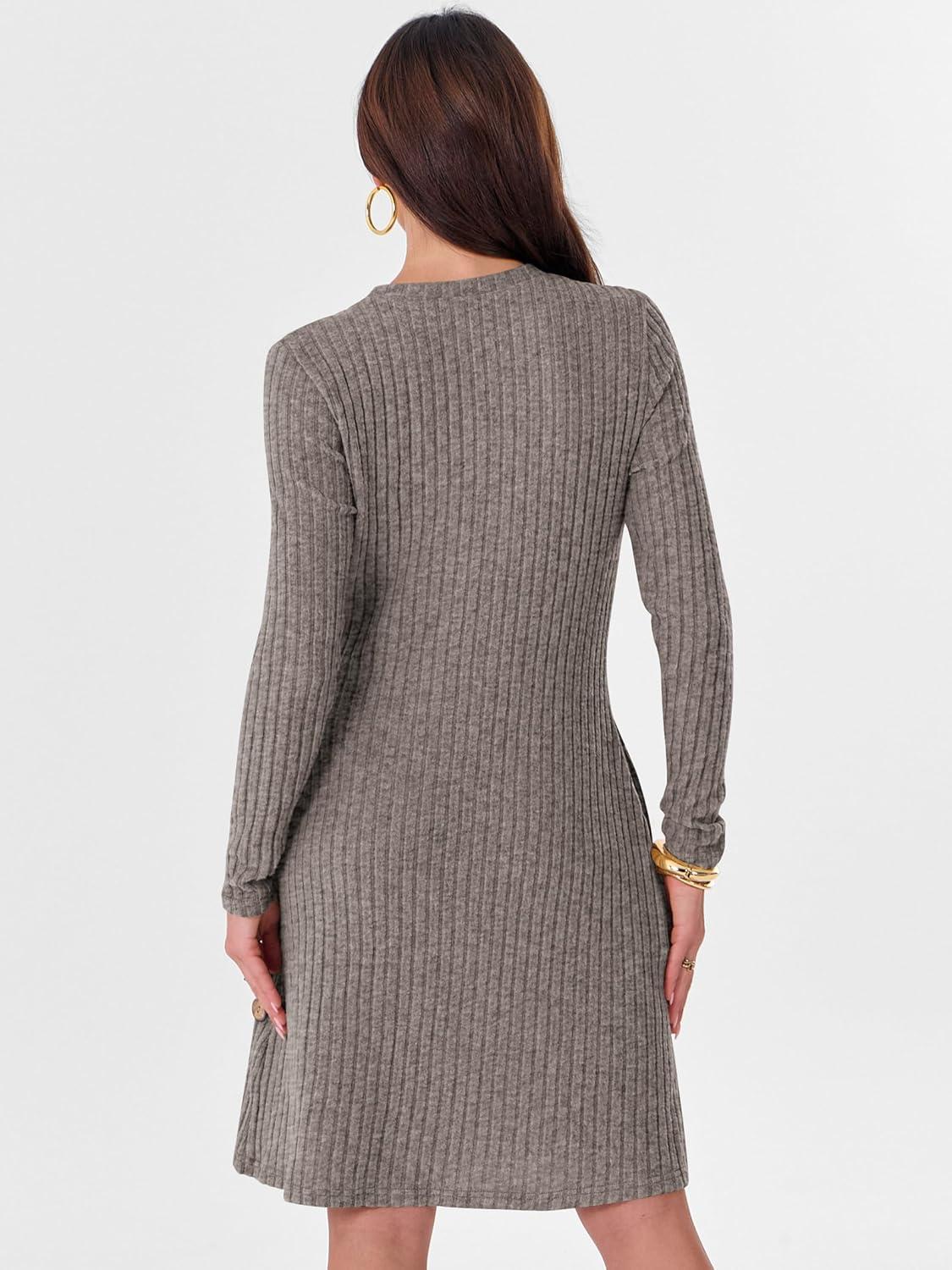 imageANRABESS Womens Long Sleeve Ribbed Knit Sweater Dresses 2025 Fall Winter Casual Lounge Short Tunic Dress with Pockets ButtonsDeep Coffee