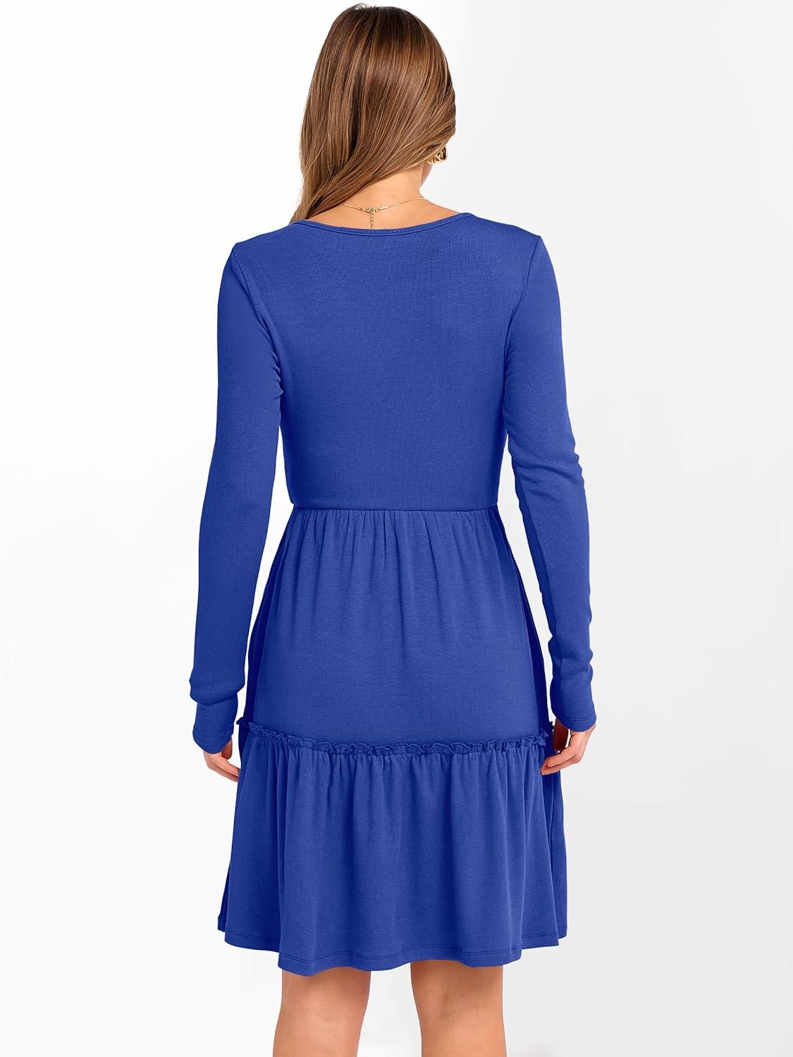 imageANRABESS Womens Long Sleeve Ribbed Short Dresses 2025 Fall Knit A Line Flowy Tiered Casual Mini Sweater Dress with PocketsBlue