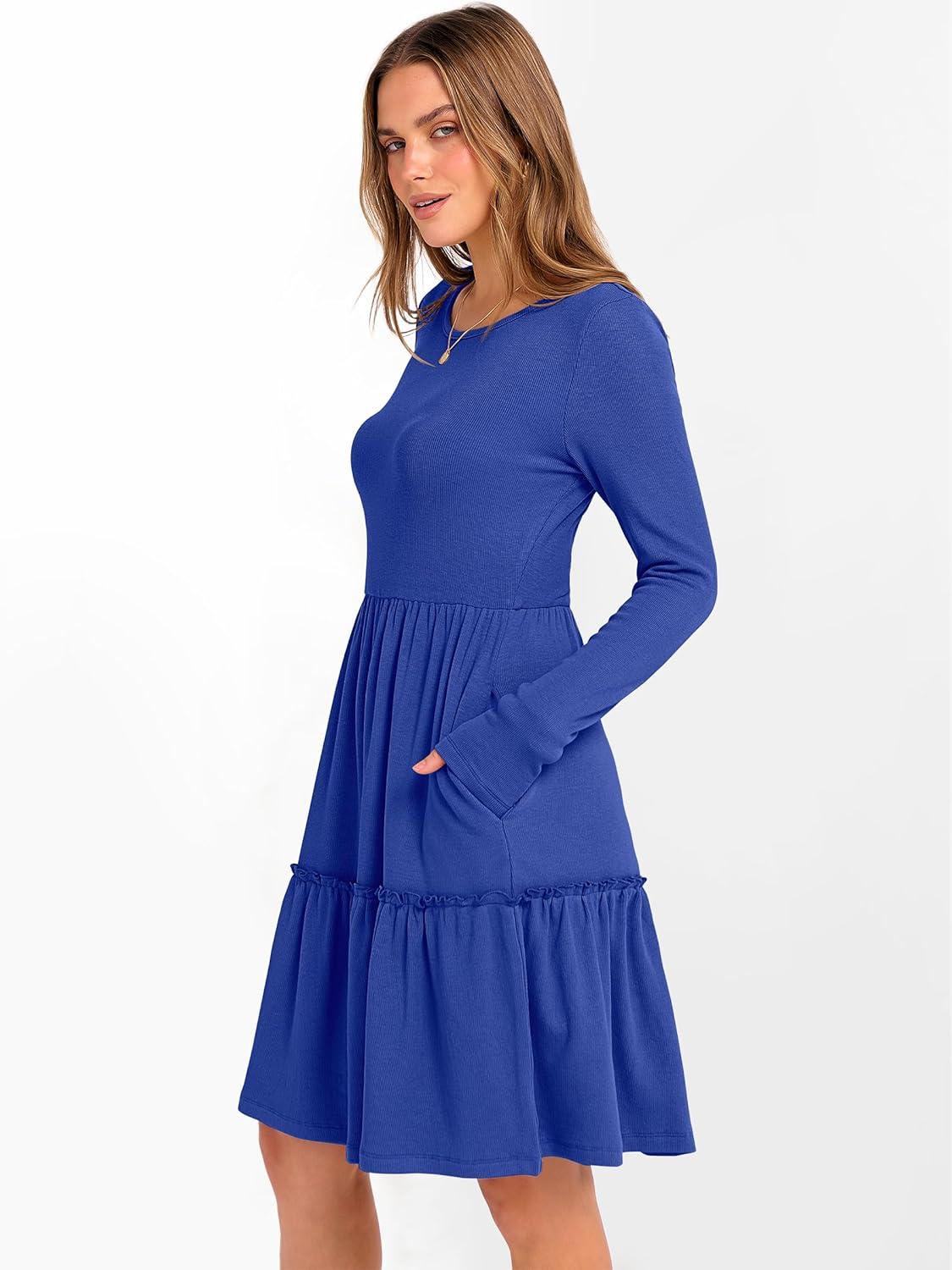 imageANRABESS Womens Long Sleeve Ribbed Short Dresses 2025 Fall Knit A Line Flowy Tiered Casual Mini Sweater Dress with PocketsBlue