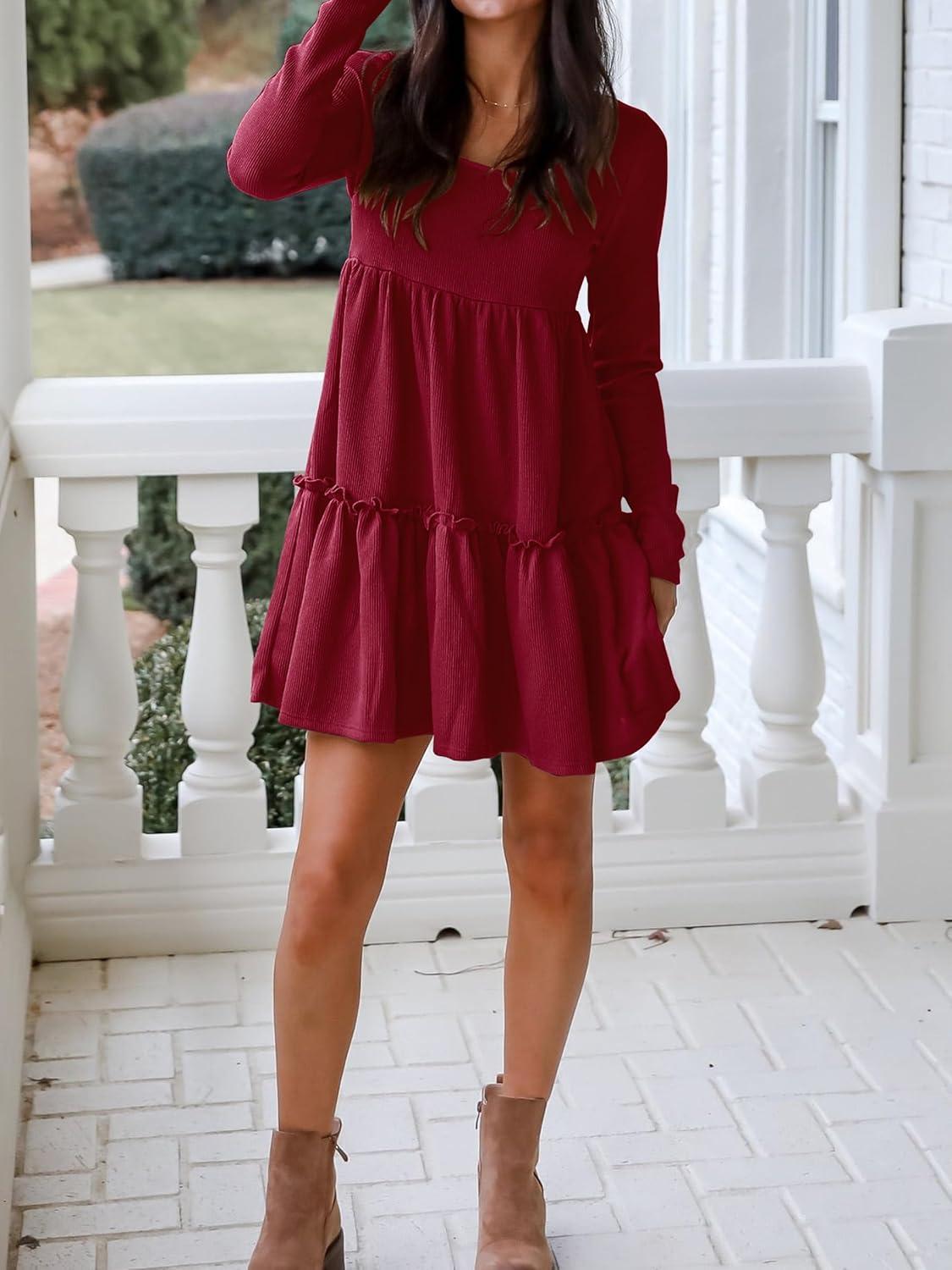 imageANRABESS Womens Long Sleeve Ribbed Short Dresses 2025 Fall Knit A Line Flowy Tiered Casual Mini Sweater Dress with PocketsDark Red