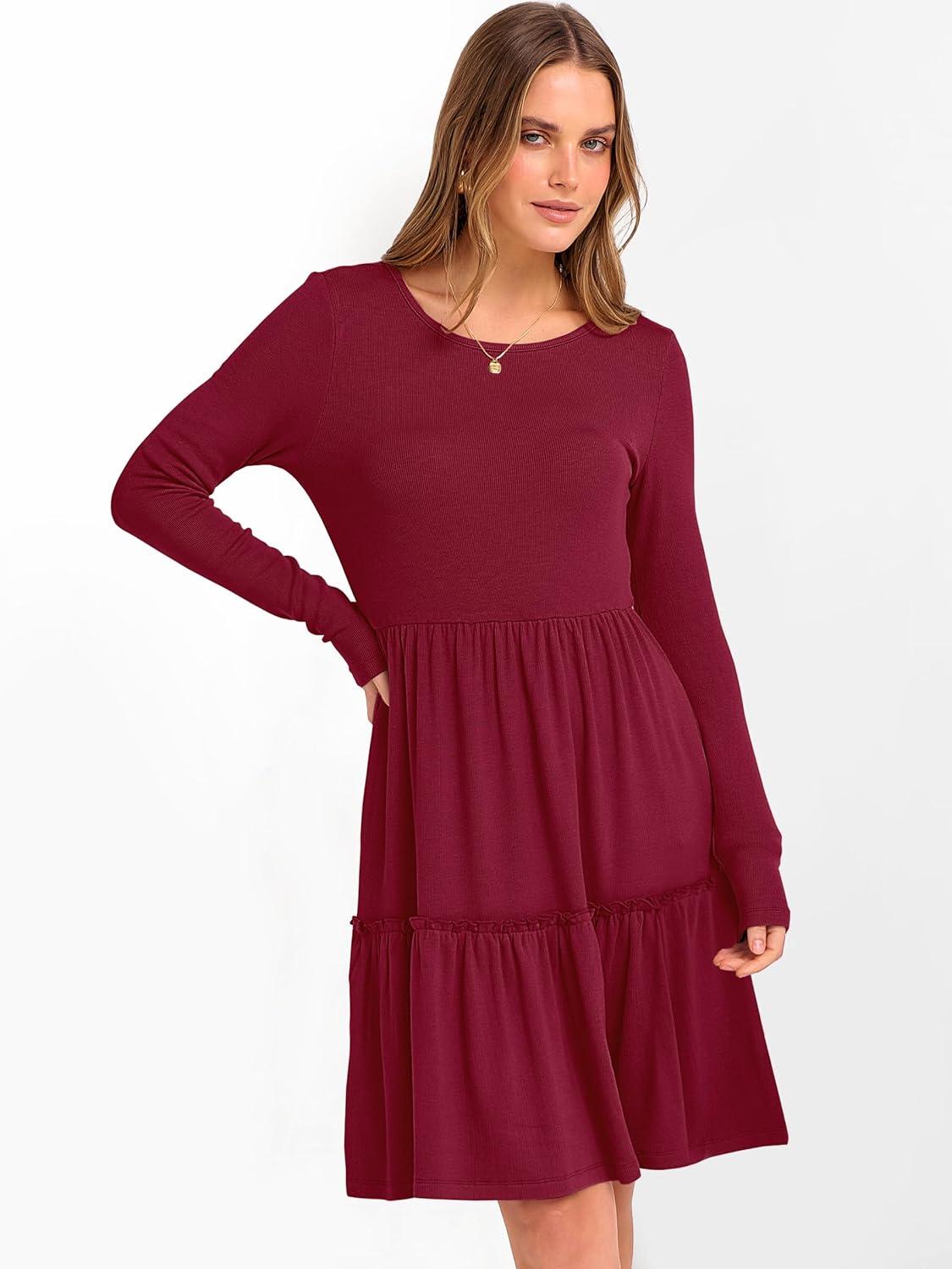 imageANRABESS Womens Long Sleeve Ribbed Short Dresses 2025 Fall Knit A Line Flowy Tiered Casual Mini Sweater Dress with PocketsDark Red