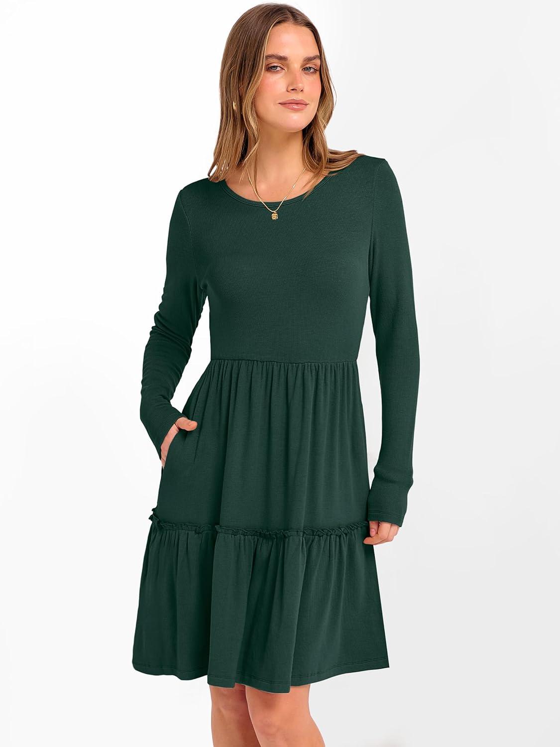imageANRABESS Womens Long Sleeve Ribbed Short Dresses 2025 Fall Knit A Line Flowy Tiered Casual Mini Sweater Dress with PocketsDeep Green