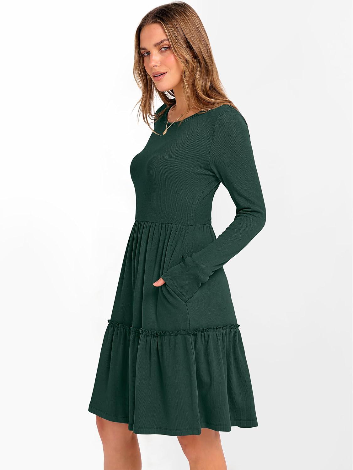 imageANRABESS Womens Long Sleeve Ribbed Short Dresses 2025 Fall Knit A Line Flowy Tiered Casual Mini Sweater Dress with PocketsDeep Green