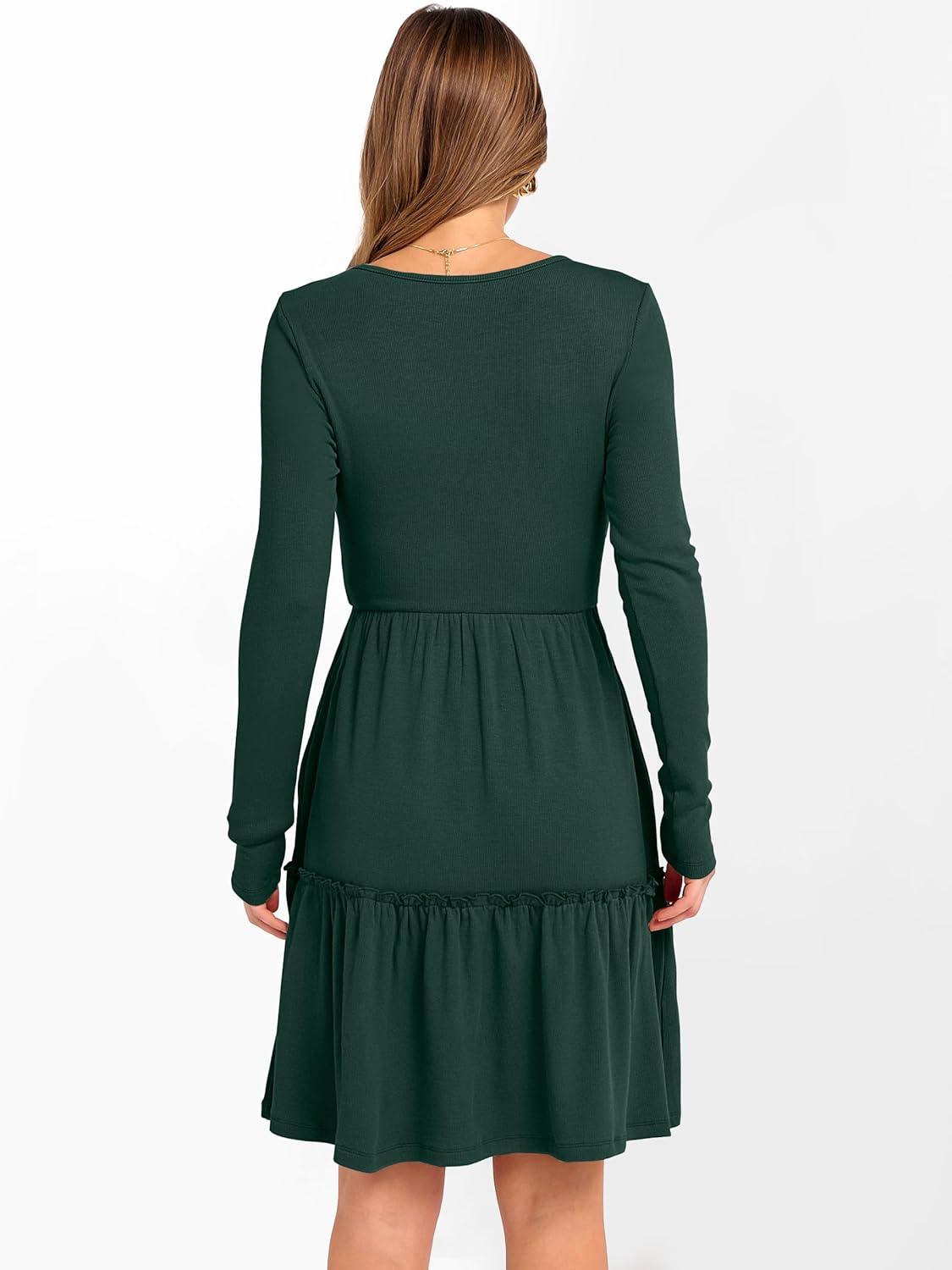 imageANRABESS Womens Long Sleeve Ribbed Short Dresses 2025 Fall Knit A Line Flowy Tiered Casual Mini Sweater Dress with PocketsDeep Green