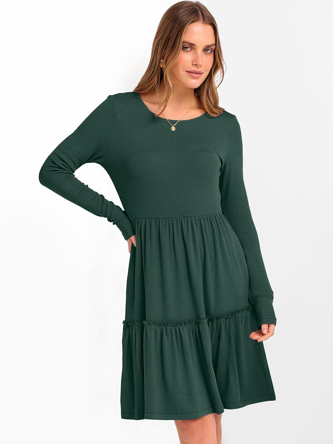 imageANRABESS Womens Long Sleeve Ribbed Short Dresses 2025 Fall Knit A Line Flowy Tiered Casual Mini Sweater Dress with PocketsDeep Green