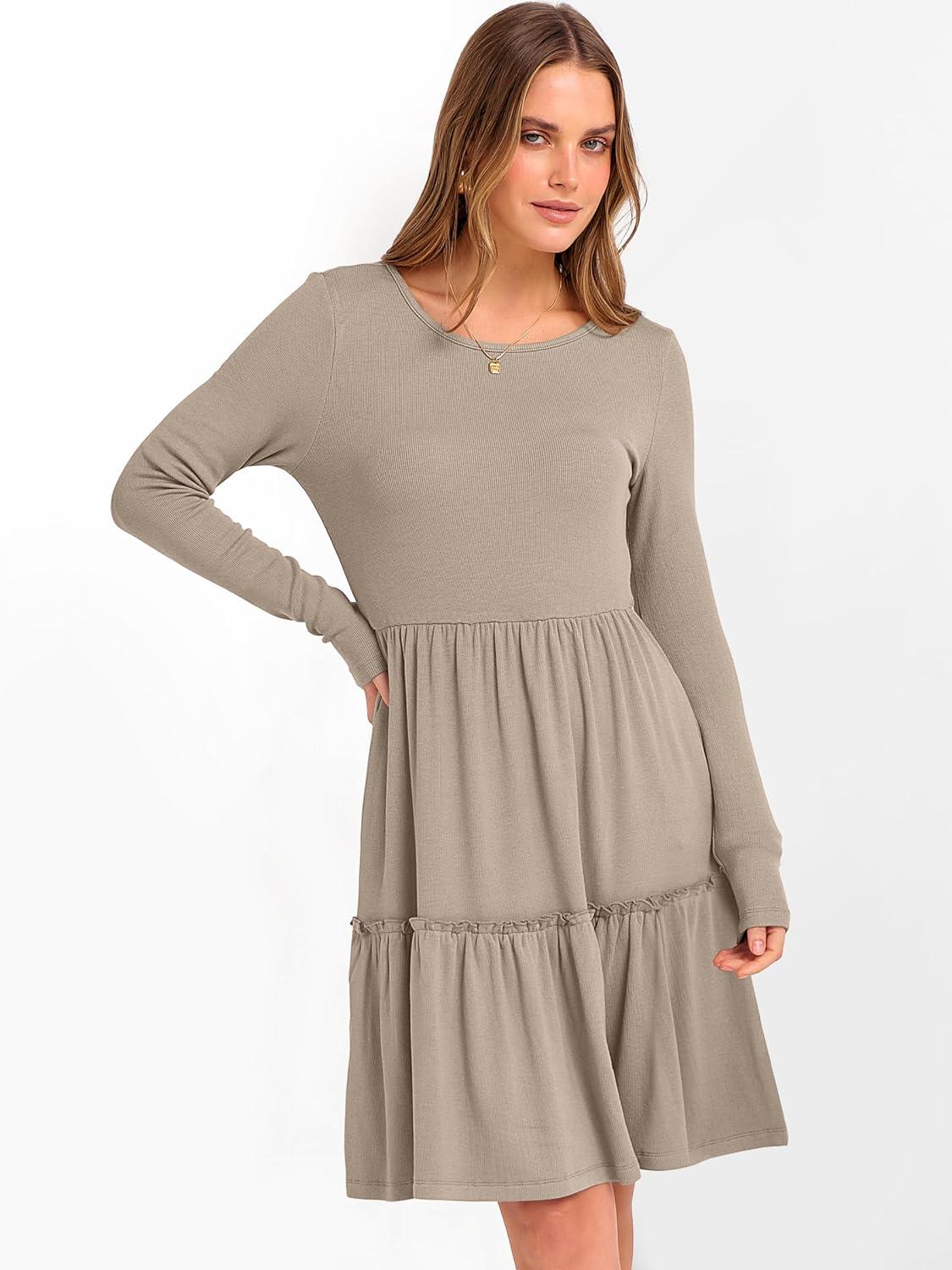 imageANRABESS Womens Long Sleeve Ribbed Short Dresses 2025 Fall Knit A Line Flowy Tiered Casual Mini Sweater Dress with PocketsTan