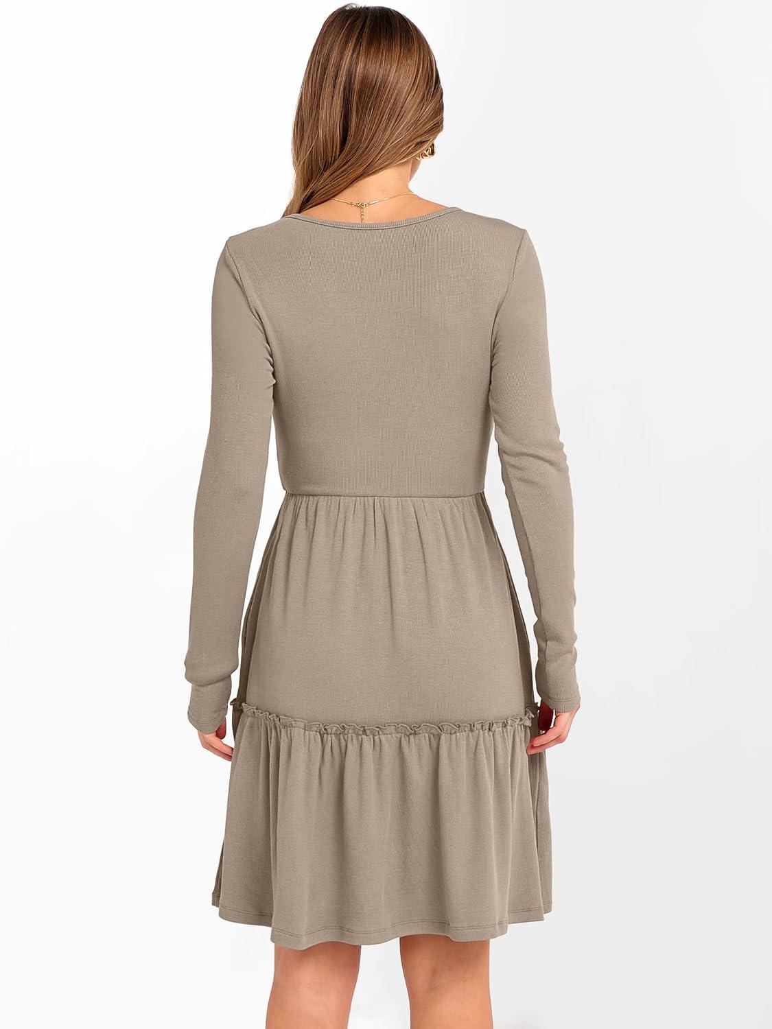 imageANRABESS Womens Long Sleeve Ribbed Short Dresses 2025 Fall Knit A Line Flowy Tiered Casual Mini Sweater Dress with PocketsTan