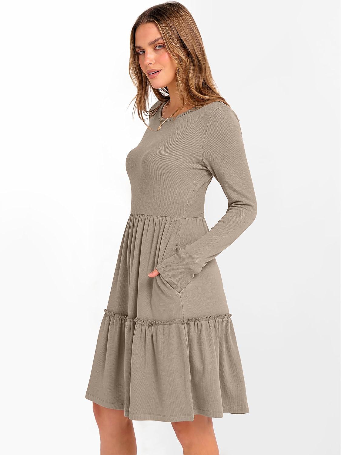 imageANRABESS Womens Long Sleeve Ribbed Short Dresses 2025 Fall Knit A Line Flowy Tiered Casual Mini Sweater Dress with PocketsTan