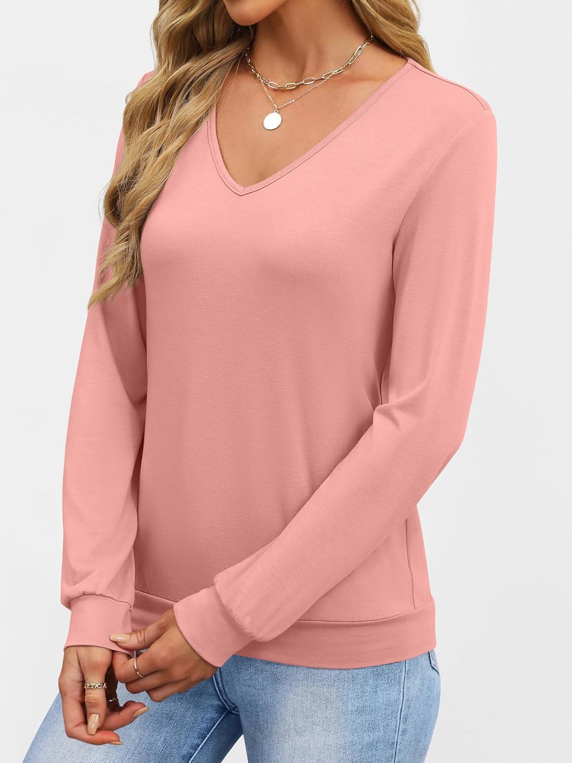 imageANRABESS Womens Long Sleeve Shirts Casual Loose V Neck Basic Tees Tops 2025 Fall TShirt OutfitsCoral