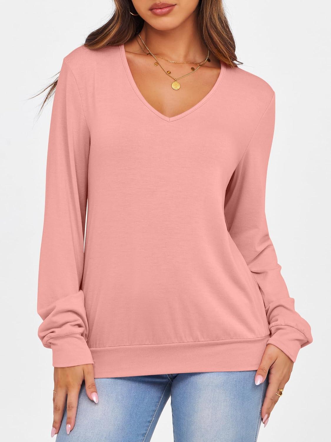 imageANRABESS Womens Long Sleeve Shirts Casual Loose V Neck Basic Tees Tops 2025 Fall TShirt OutfitsCoral