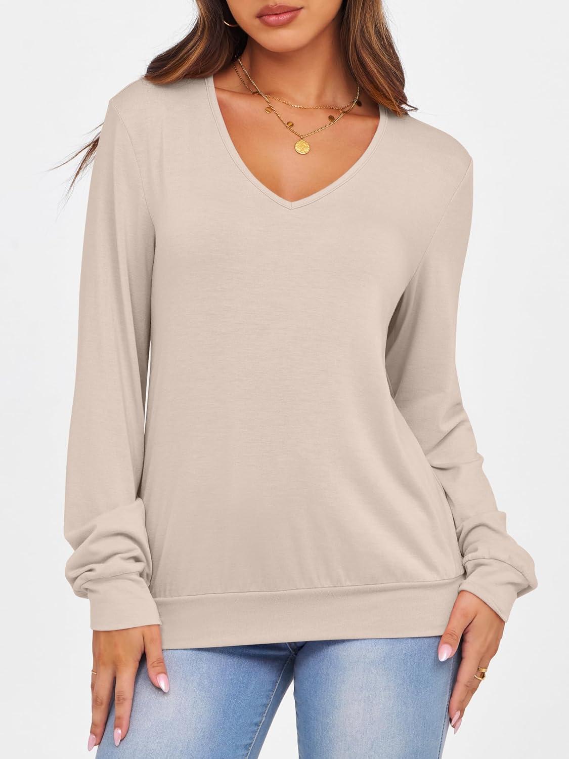 imageANRABESS Womens Long Sleeve Shirts Casual Loose V Neck Basic Tees Tops 2025 Fall TShirt OutfitsLight Khaki