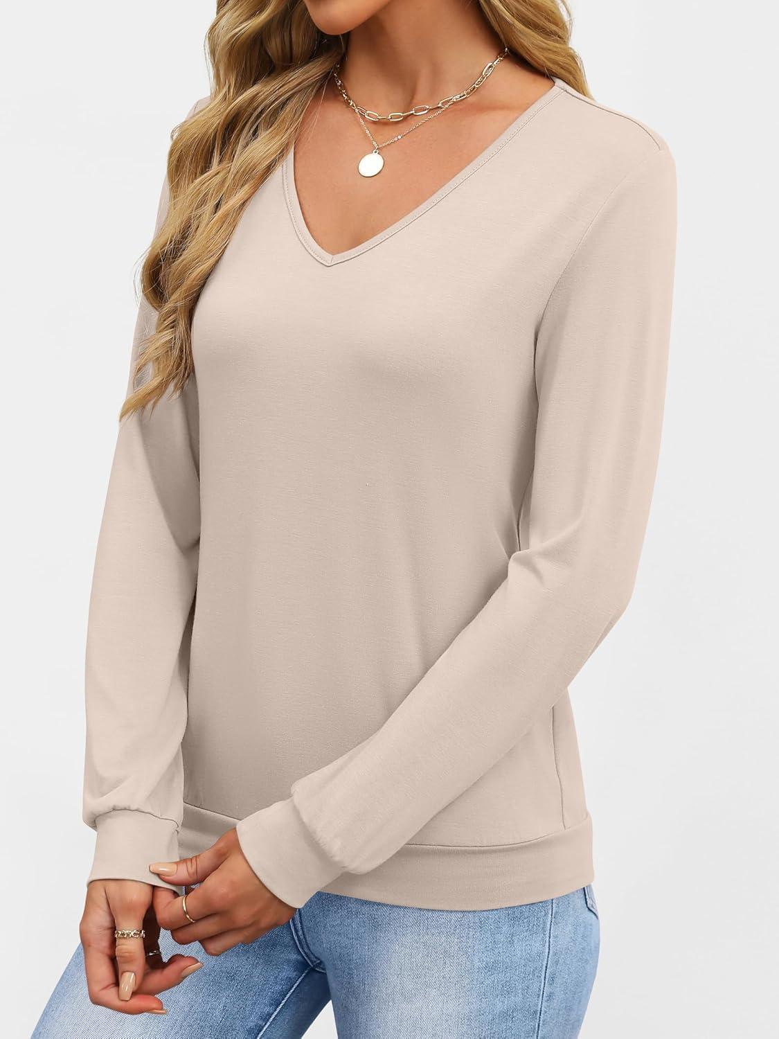 imageANRABESS Womens Long Sleeve Shirts Casual Loose V Neck Basic Tees Tops 2025 Fall TShirt OutfitsLight Khaki