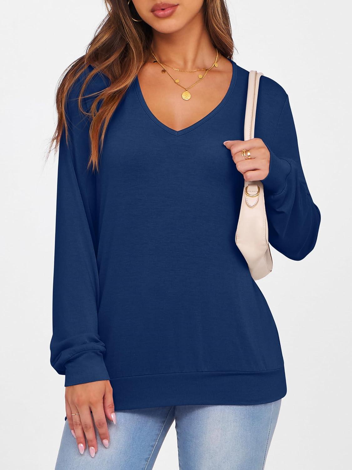 imageANRABESS Womens Long Sleeve Shirts Casual Loose V Neck Basic Tees Tops 2025 Fall TShirt OutfitsNavy Blue