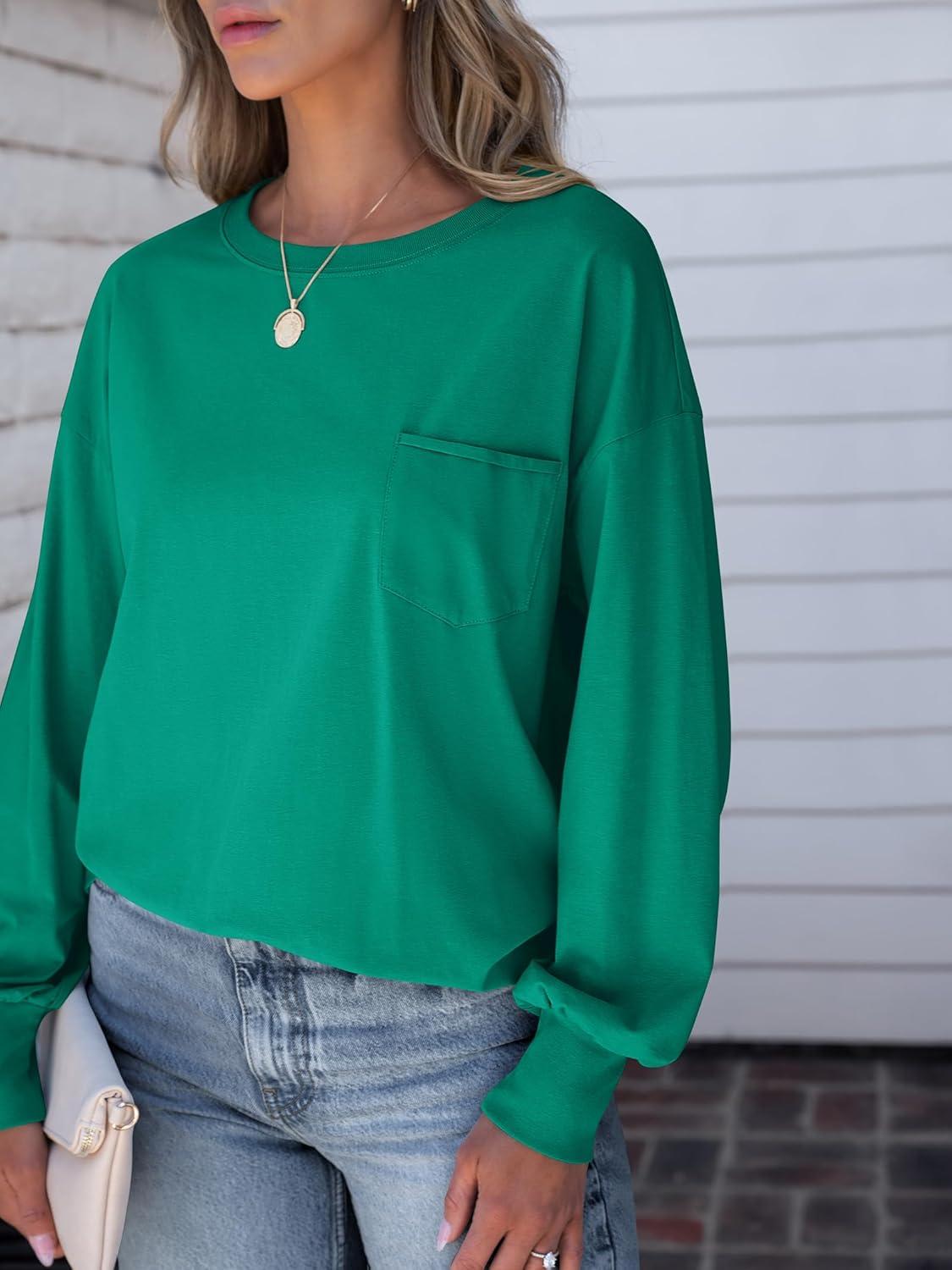 imageANRABESS Womens Long Sleeve Shirts Crewneck Oversized Tops Casual 2025 Fall Trendy TShirts Tee Blouse with Pockets ClothesGreen