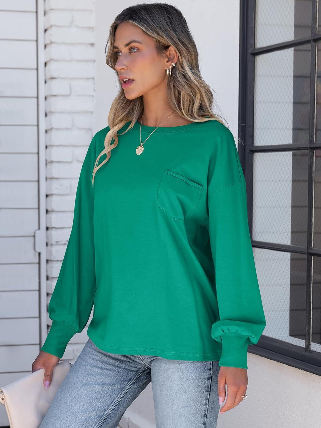 imageANRABESS Womens Long Sleeve Shirts Crewneck Oversized Tops Casual 2025 Fall Trendy TShirts Tee Blouse with Pockets ClothesGreen