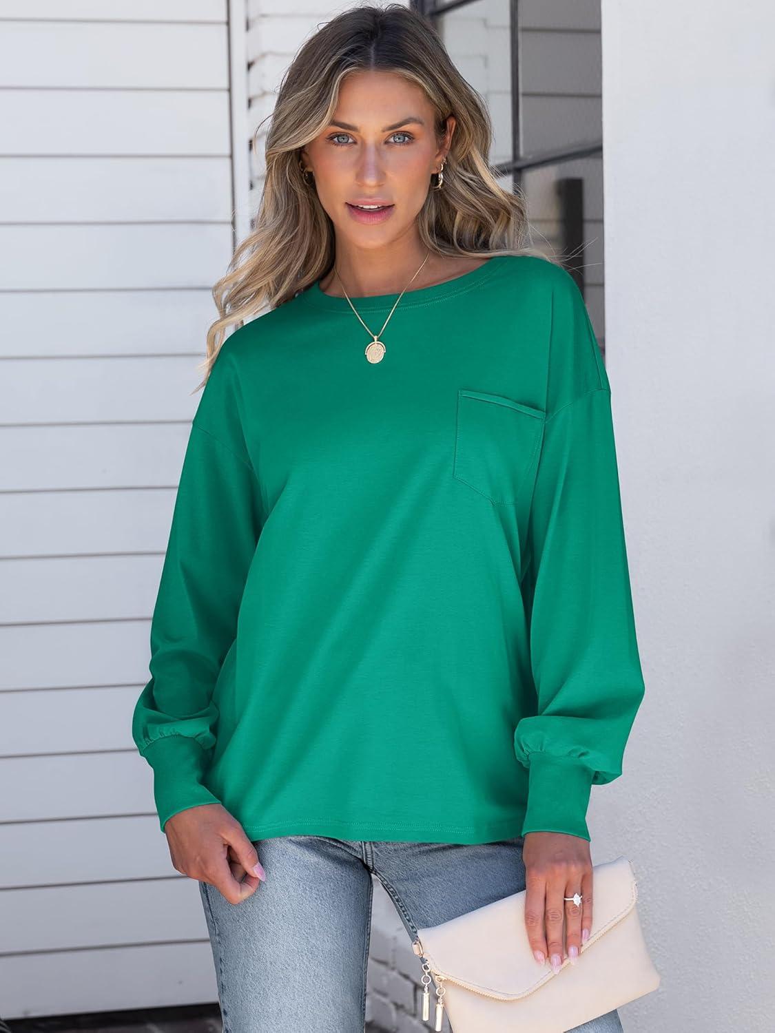 imageANRABESS Womens Long Sleeve Shirts Crewneck Oversized Tops Casual 2025 Fall Trendy TShirts Tee Blouse with Pockets ClothesGreen
