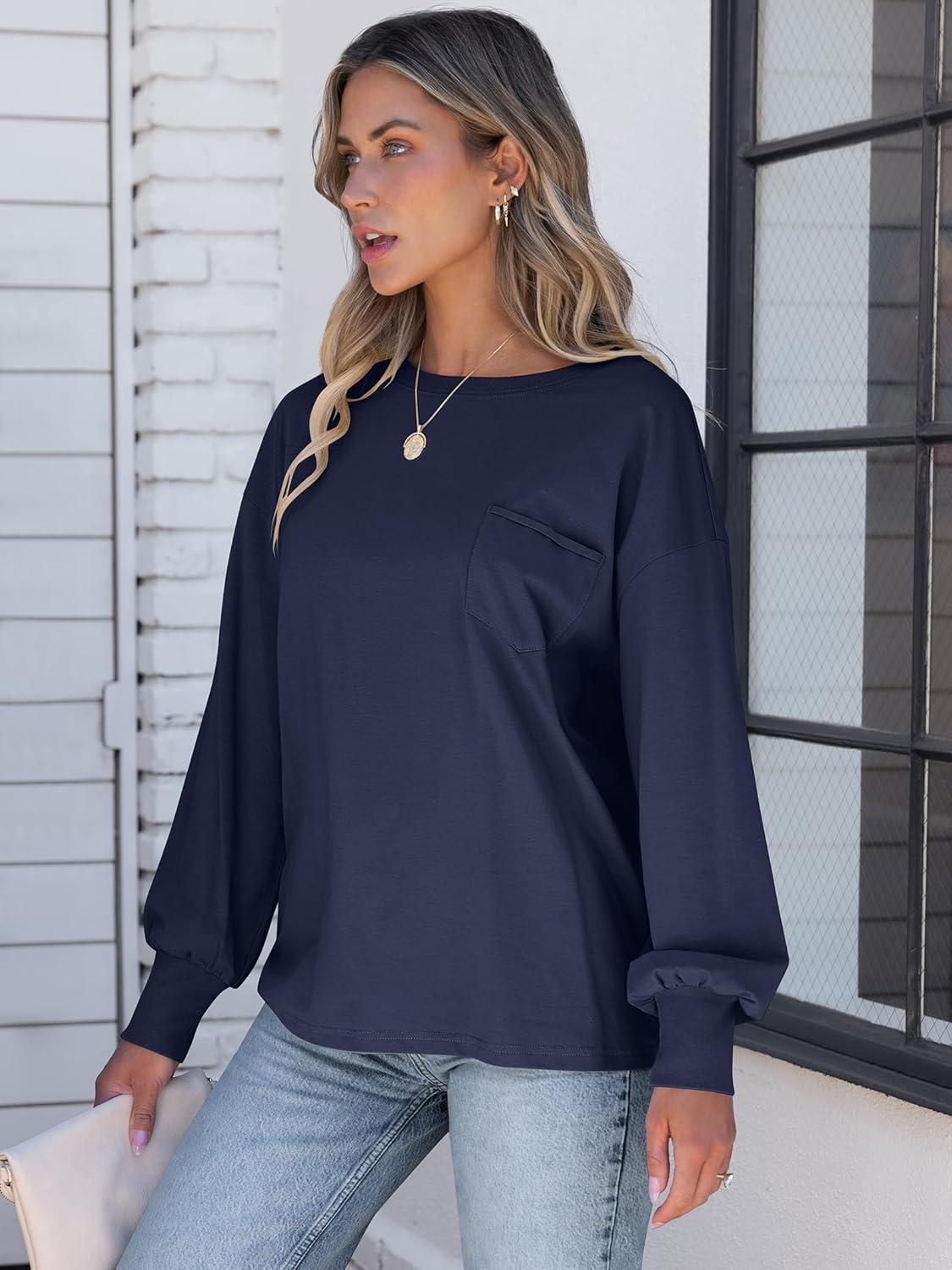imageANRABESS Womens Long Sleeve Shirts Crewneck Oversized Tops Casual 2025 Fall Trendy TShirts Tee Blouse with Pockets ClothesNavy Blue