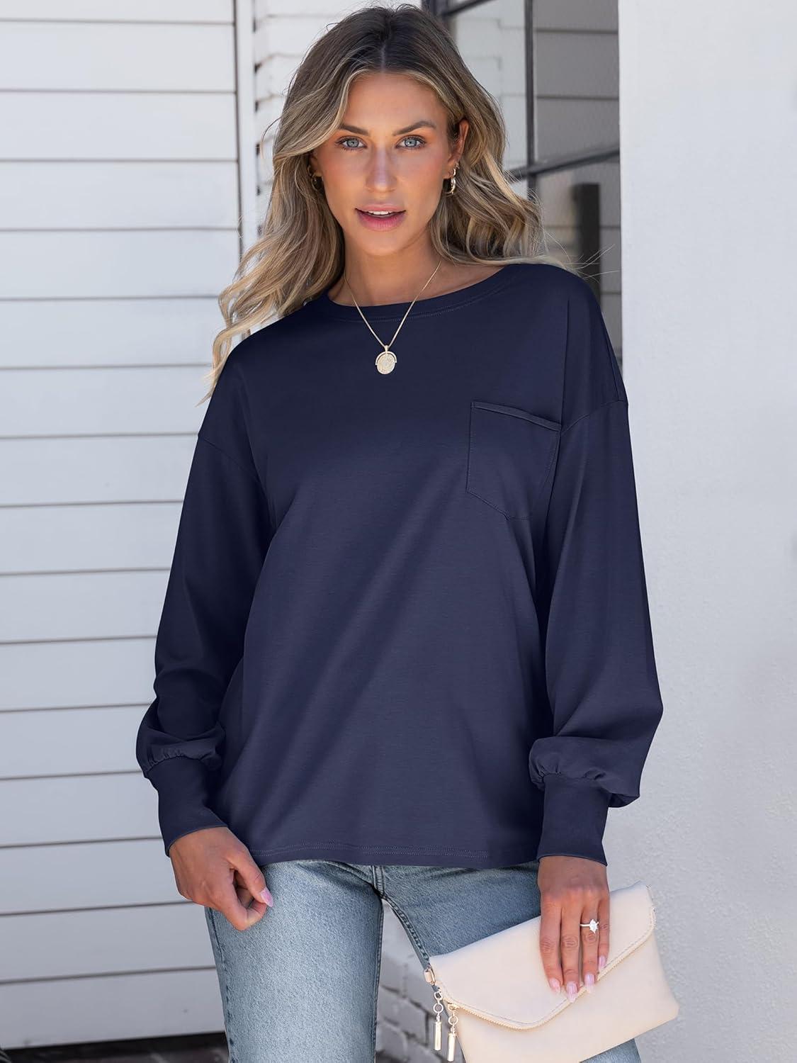 imageANRABESS Womens Long Sleeve Shirts Crewneck Oversized Tops Casual 2025 Fall Trendy TShirts Tee Blouse with Pockets ClothesNavy Blue