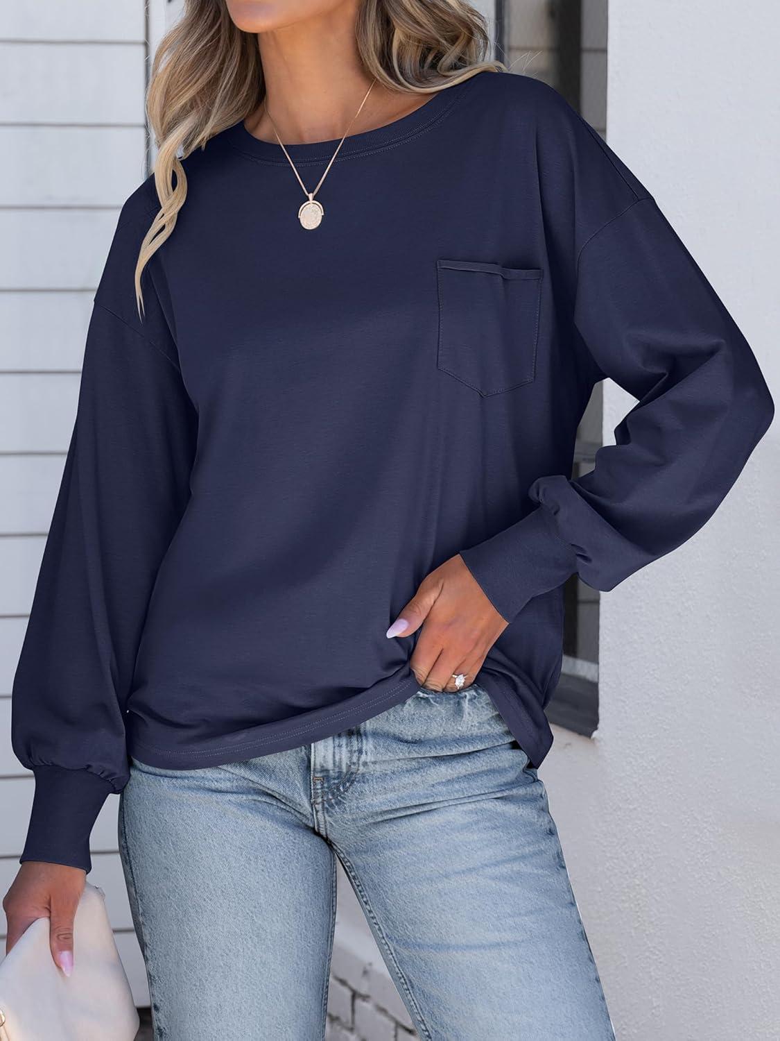 imageANRABESS Womens Long Sleeve Shirts Crewneck Oversized Tops Casual 2025 Fall Trendy TShirts Tee Blouse with Pockets ClothesNavy Blue