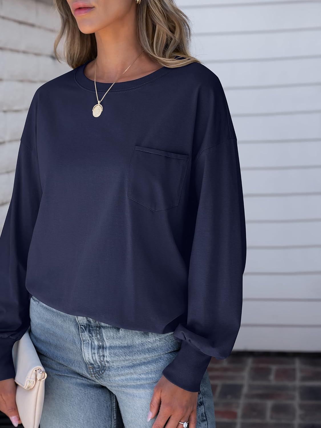 imageANRABESS Womens Long Sleeve Shirts Crewneck Oversized Tops Casual 2025 Fall Trendy TShirts Tee Blouse with Pockets ClothesNavy Blue