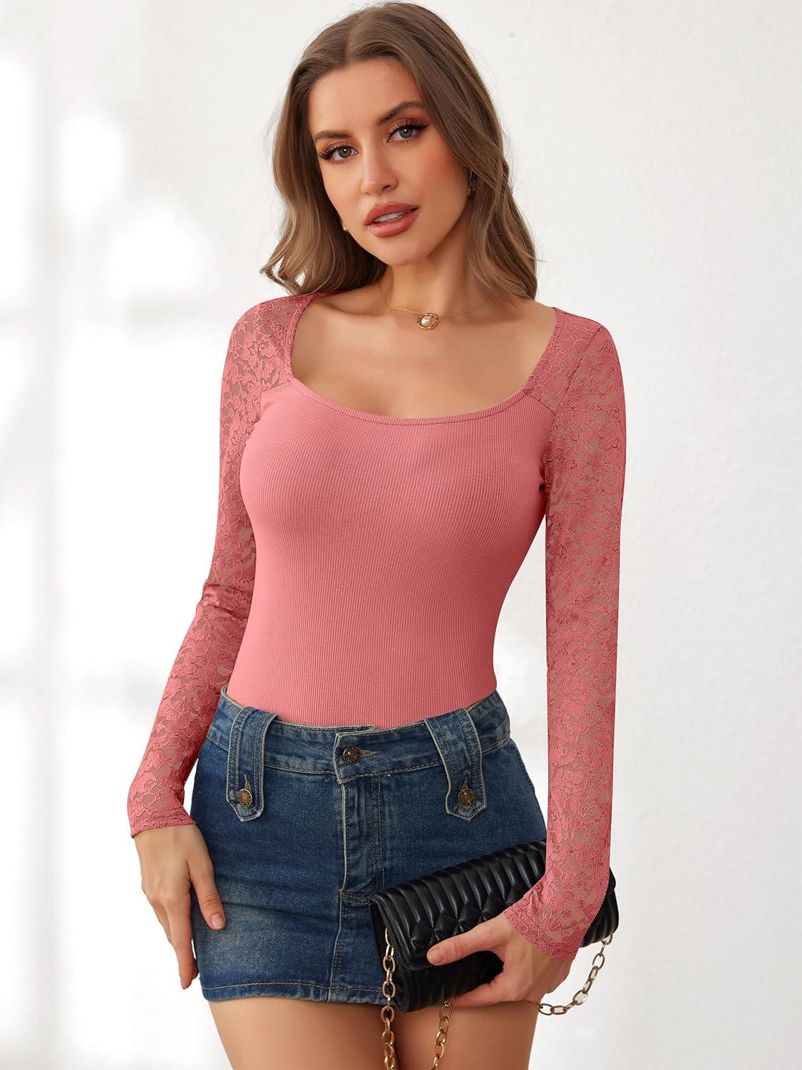 imageANRABESS Womens Long Sleeve Shirts Scoop Neck Lace Going Out Tops Slim Fit Rib Knit Casual Blouses 2025 Fall Fashion OutfitsCoral Pink