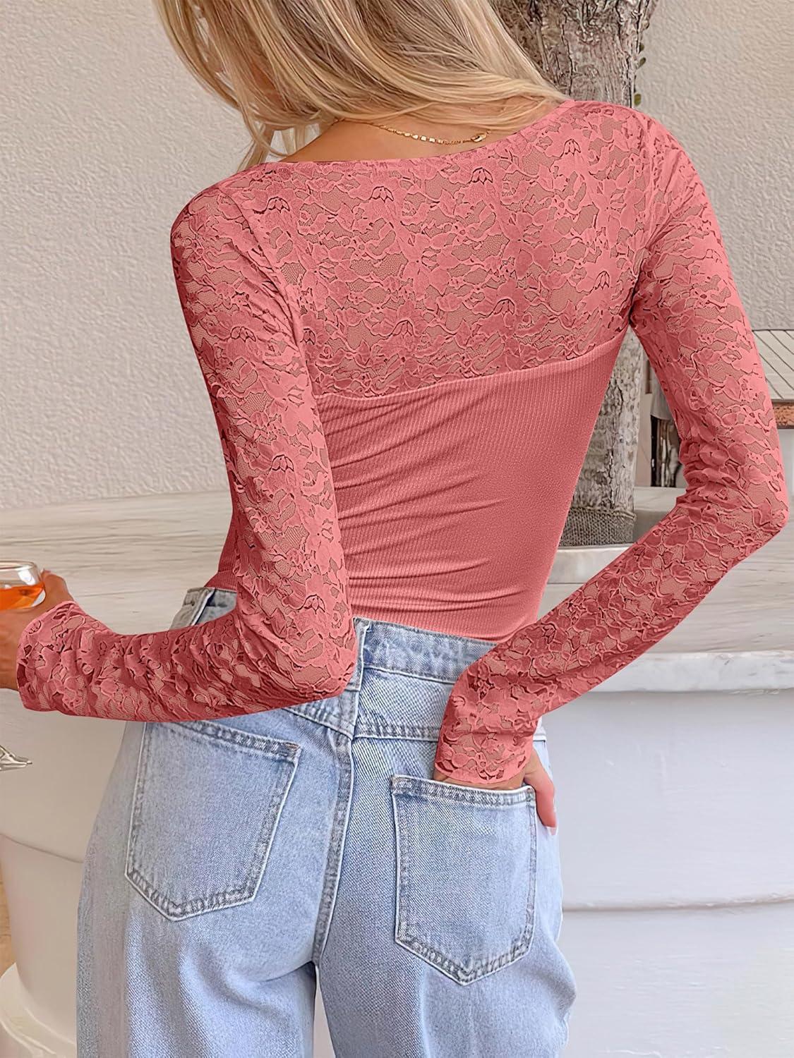 imageANRABESS Womens Long Sleeve Shirts Scoop Neck Lace Going Out Tops Slim Fit Rib Knit Casual Blouses 2025 Fall Fashion OutfitsCoral Pink