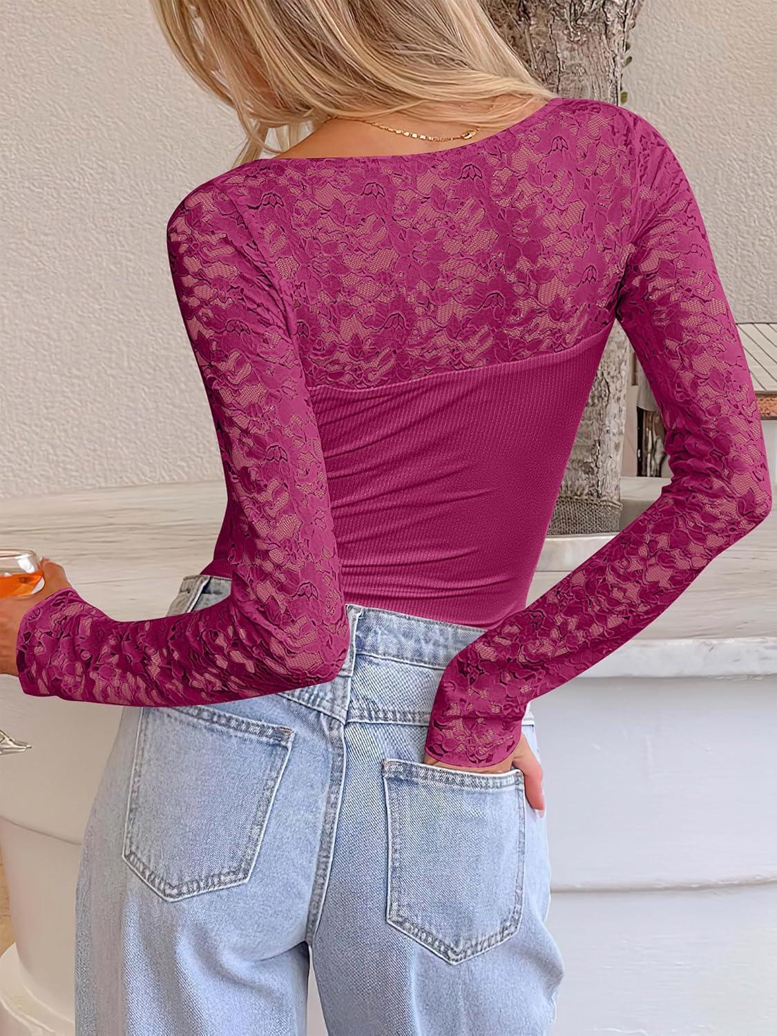 imageANRABESS Womens Long Sleeve Shirts Scoop Neck Lace Going Out Tops Slim Fit Rib Knit Casual Blouses 2025 Fall Fashion OutfitsHot Pink